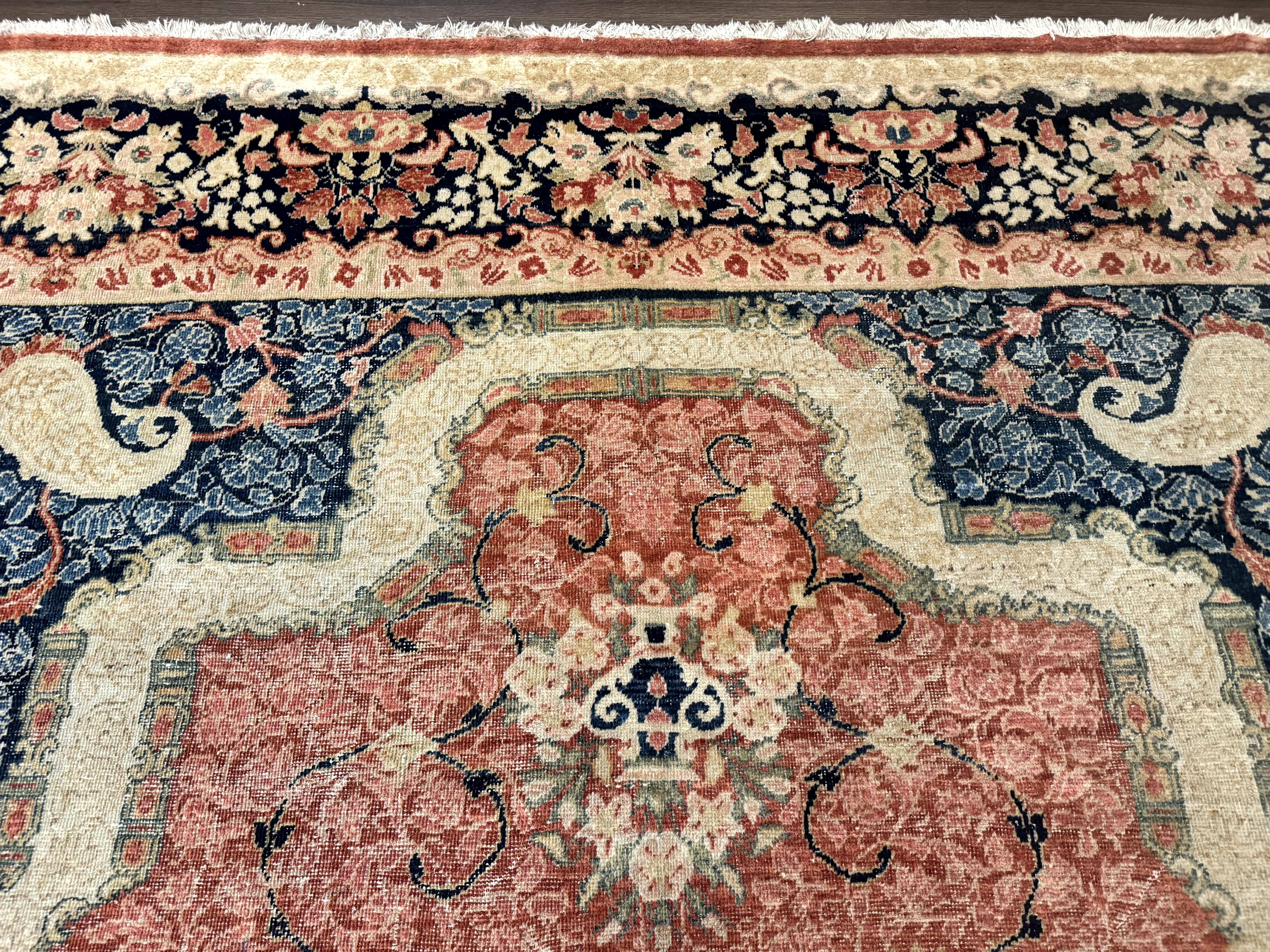 Antique Persian Sarouk Rug 9x12, Boteh Paisleys, Light Red Navy Blue - Jewel Rugs