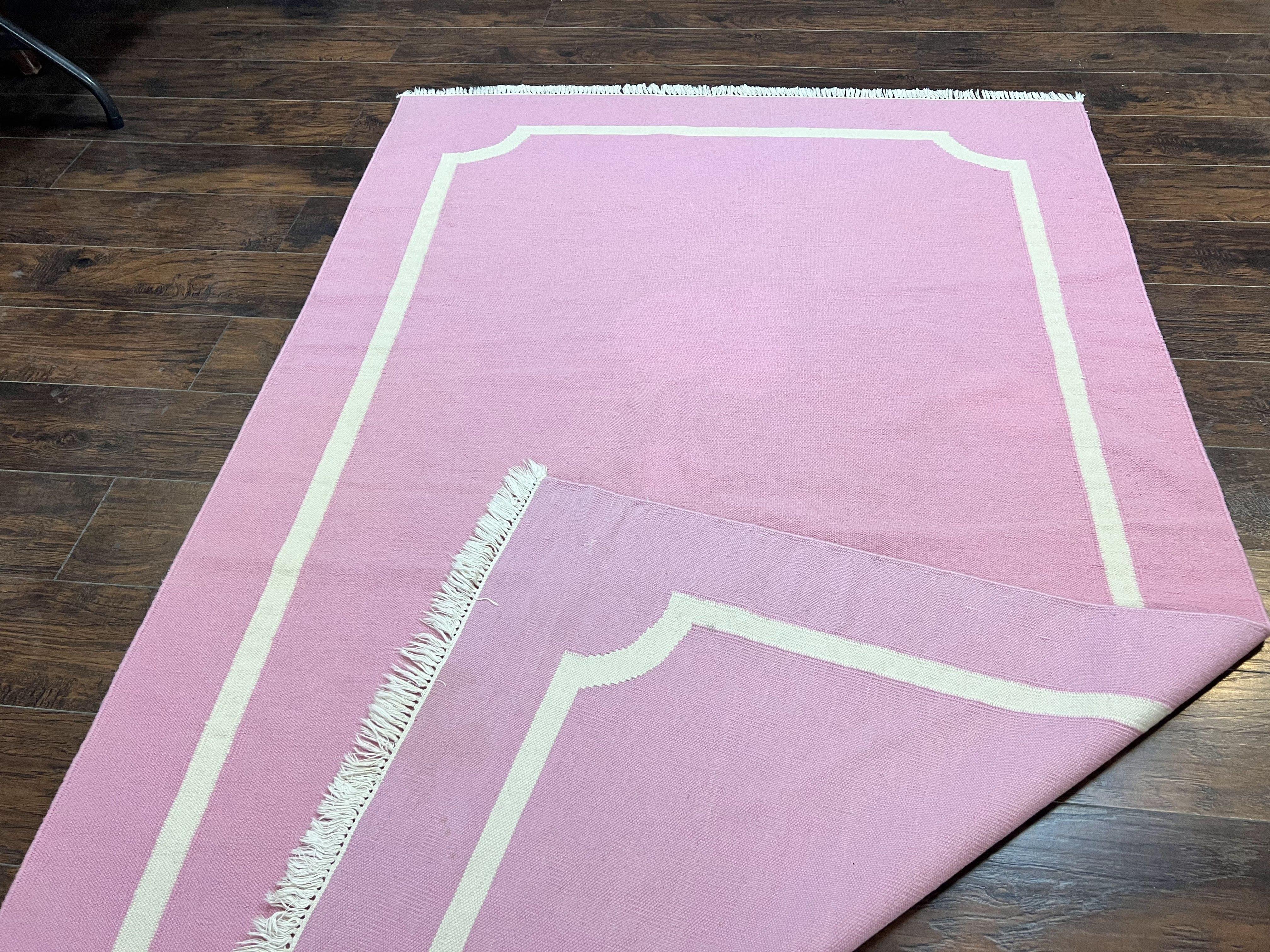 Indian Dhurrie Rug 5x8, Wool Handmade Contemporary Carpet, Pink Flatweave Kilim Area Rug, Medium Sized Rug 5 x 8 ft - Jewel Rugs