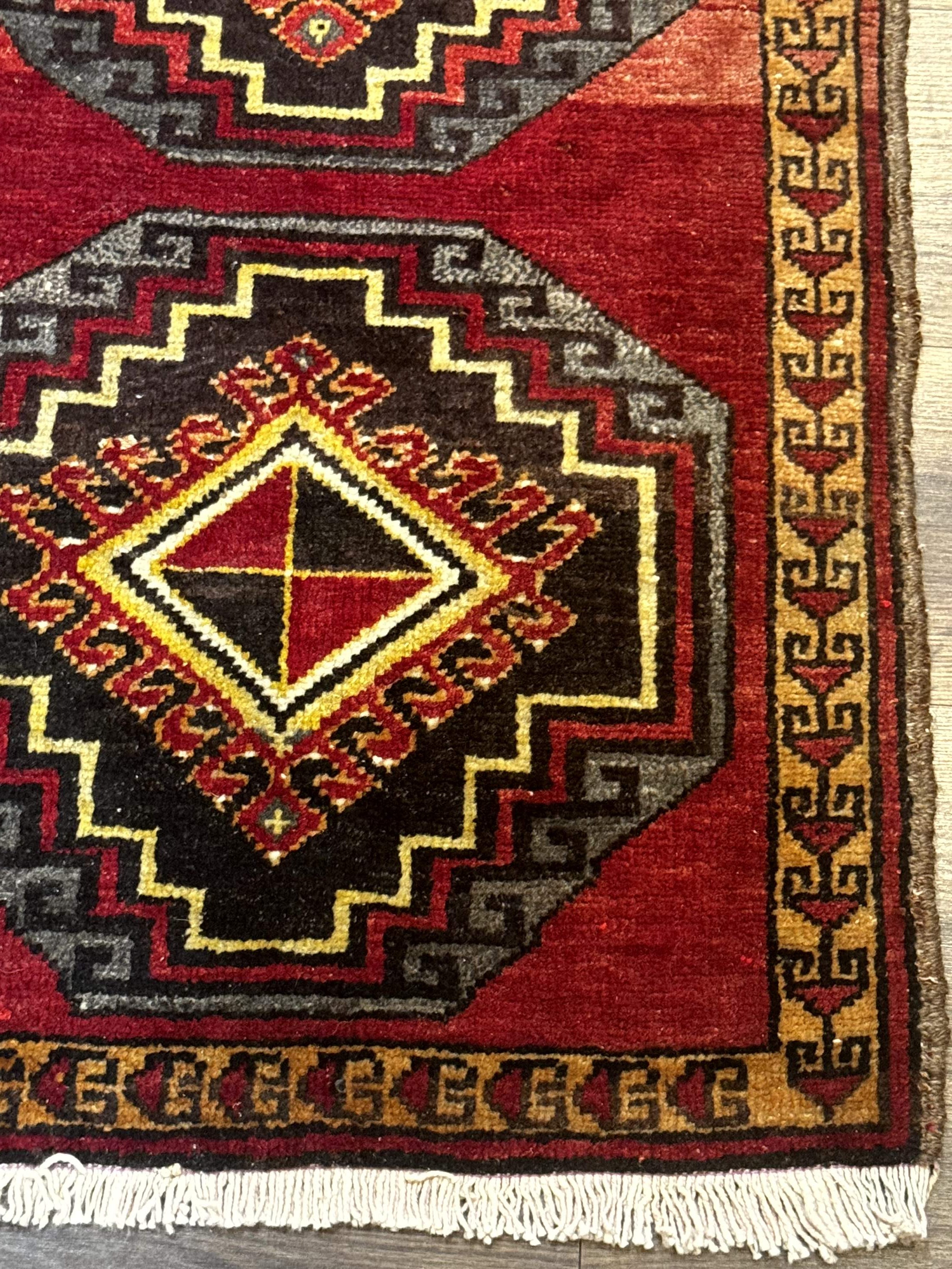 Small Antique Turkish Yastik Rug 2x3, Double Medallions, Geometric, Red, Wool - Jewel Rugs