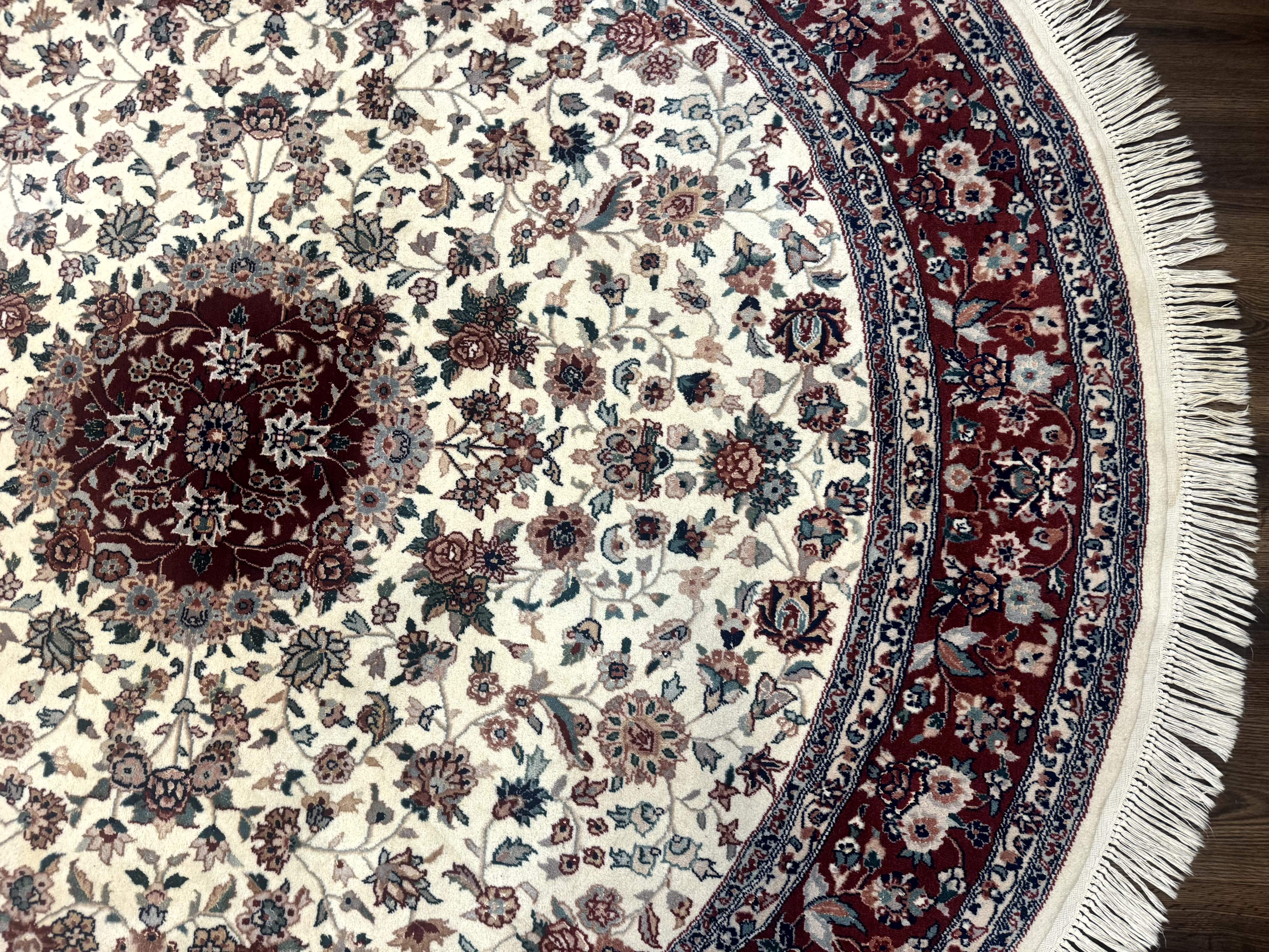 Round Sino Persian Rug 8x8, Wool and Silk, Floral Medallion, Ivory Dark Red - Jewel Rugs