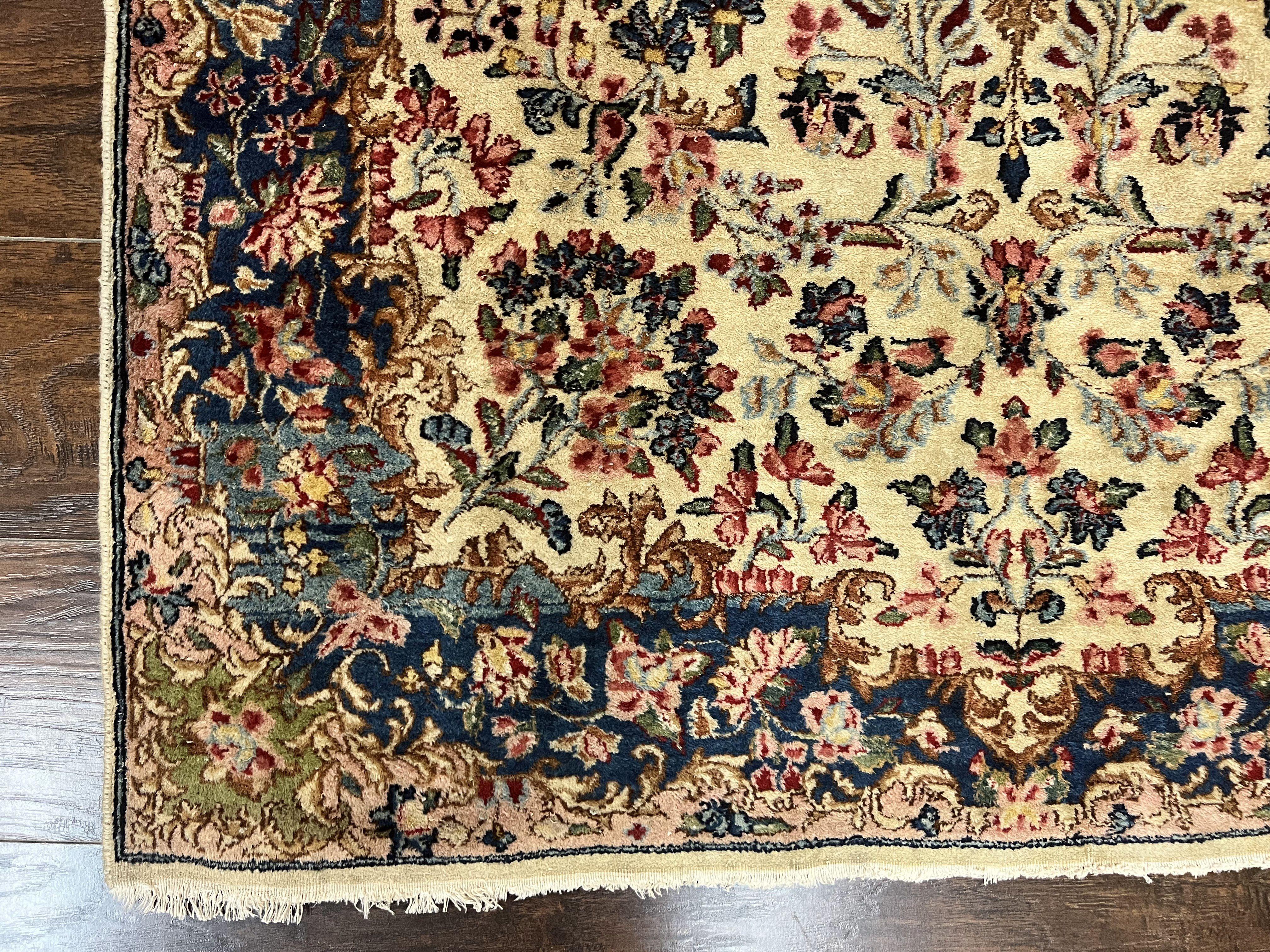 Antique Persian Kirman Rug 4x7, Cream and Navy Blue, Hand Knotted Wool Floral Carpet - Jewel Rugs