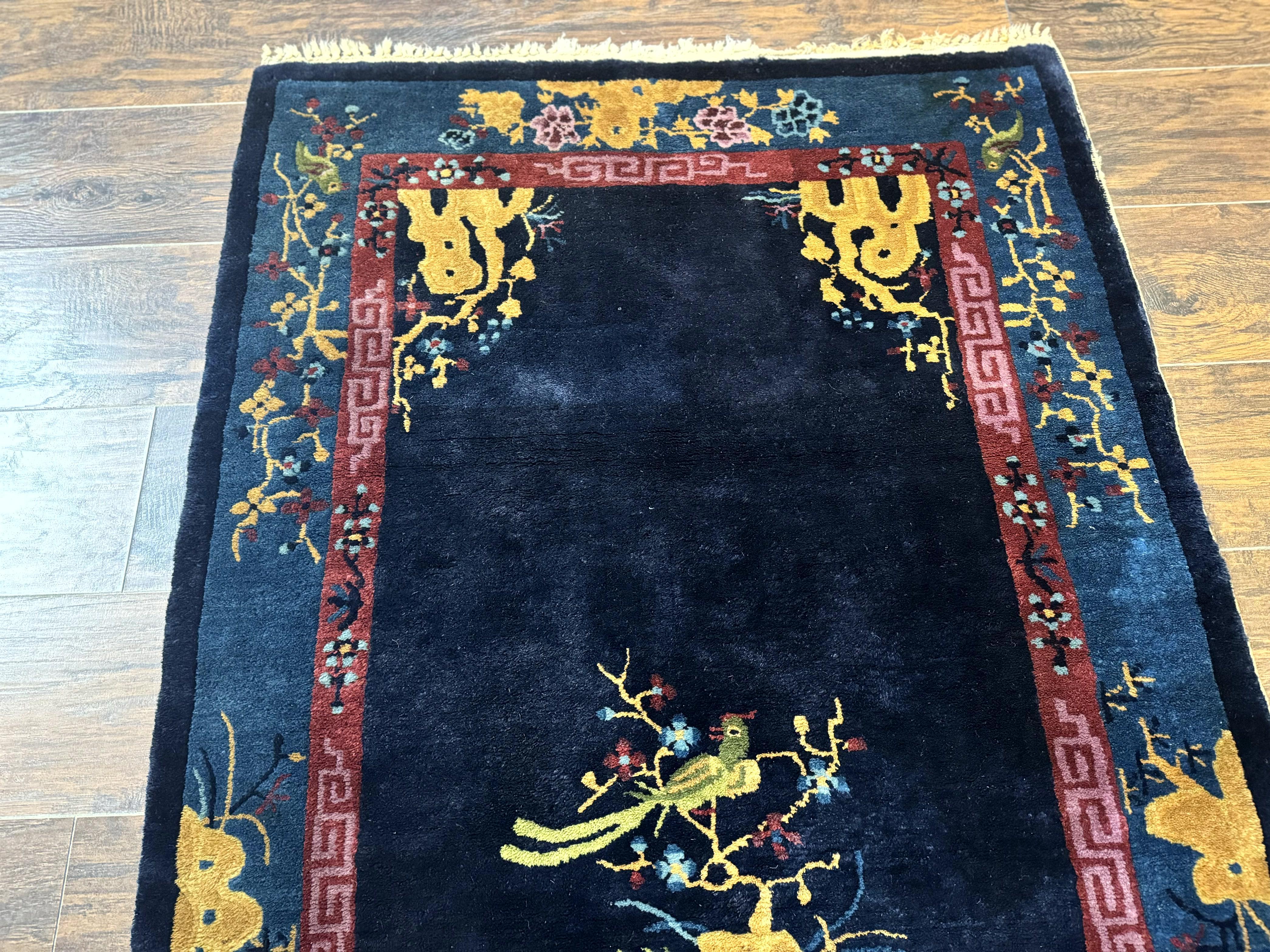 Antique Chinese Peking Rug 3x6, Dark Blue, Bird Motif, Handmade Wool Art Deco Asian Oriental Carpet, Pair B - Jewel Rugs