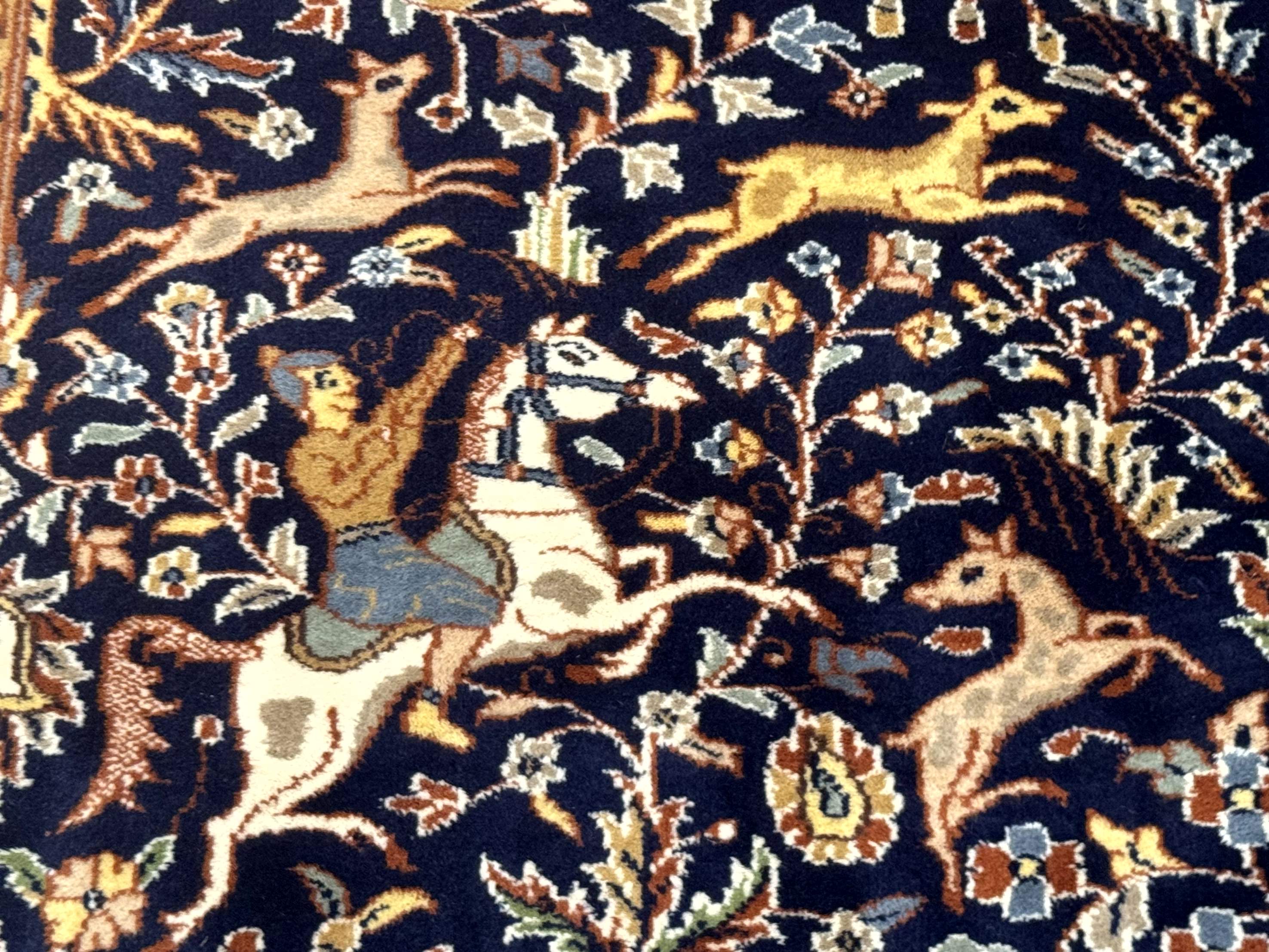 Indian Kashmiri Rug 6x9, Navy Blue and Ivory, Tree of Life, Hunting Design, Animal Pictorials, Horse Deer - Jewel Rugs