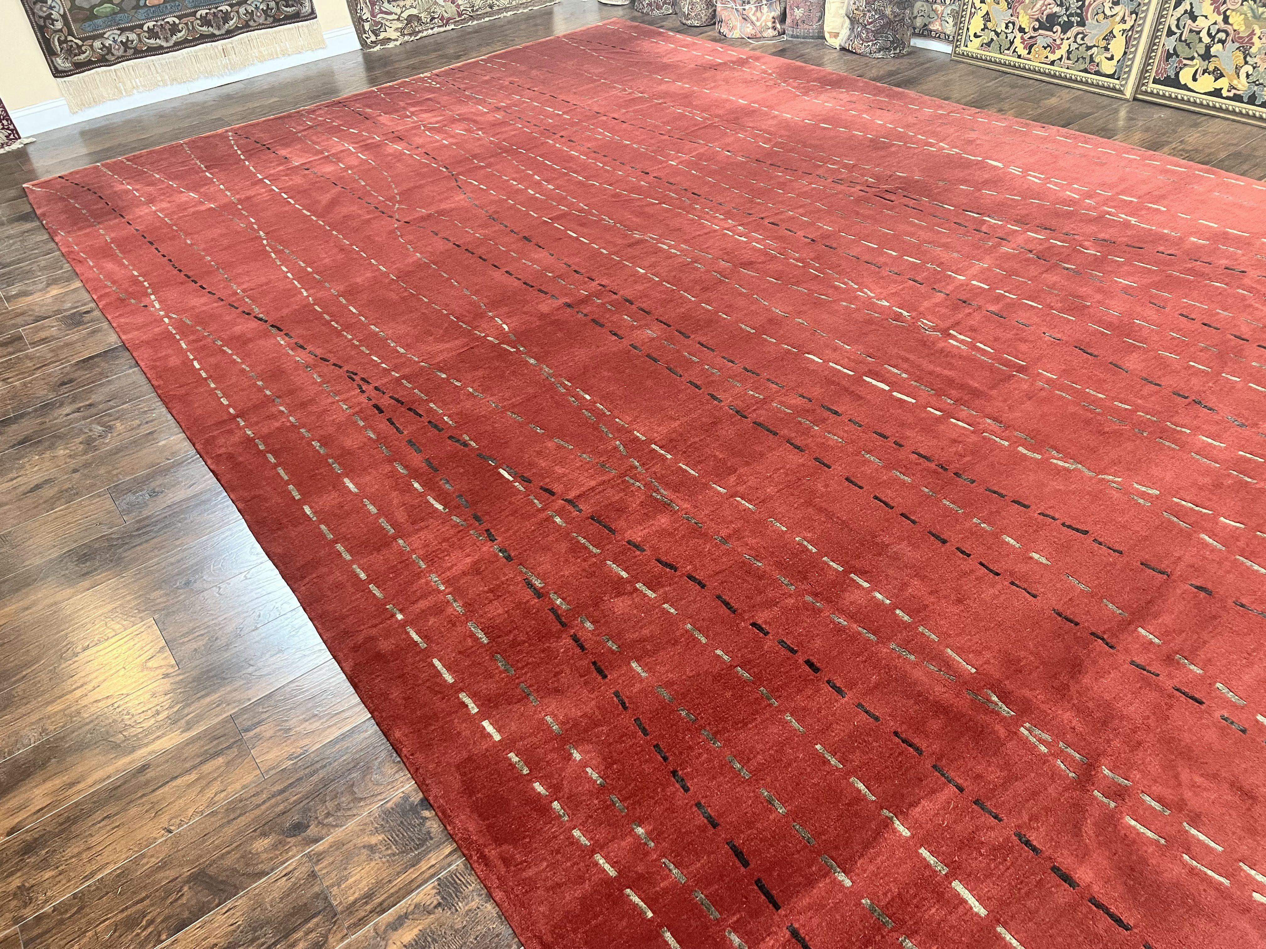 Oversized Nepali Rug 11x17, Wool & Silk Hand Knotted Modern Carpet, Red Extra Large Handmade Tibetan Carpet - Jewel Rugs