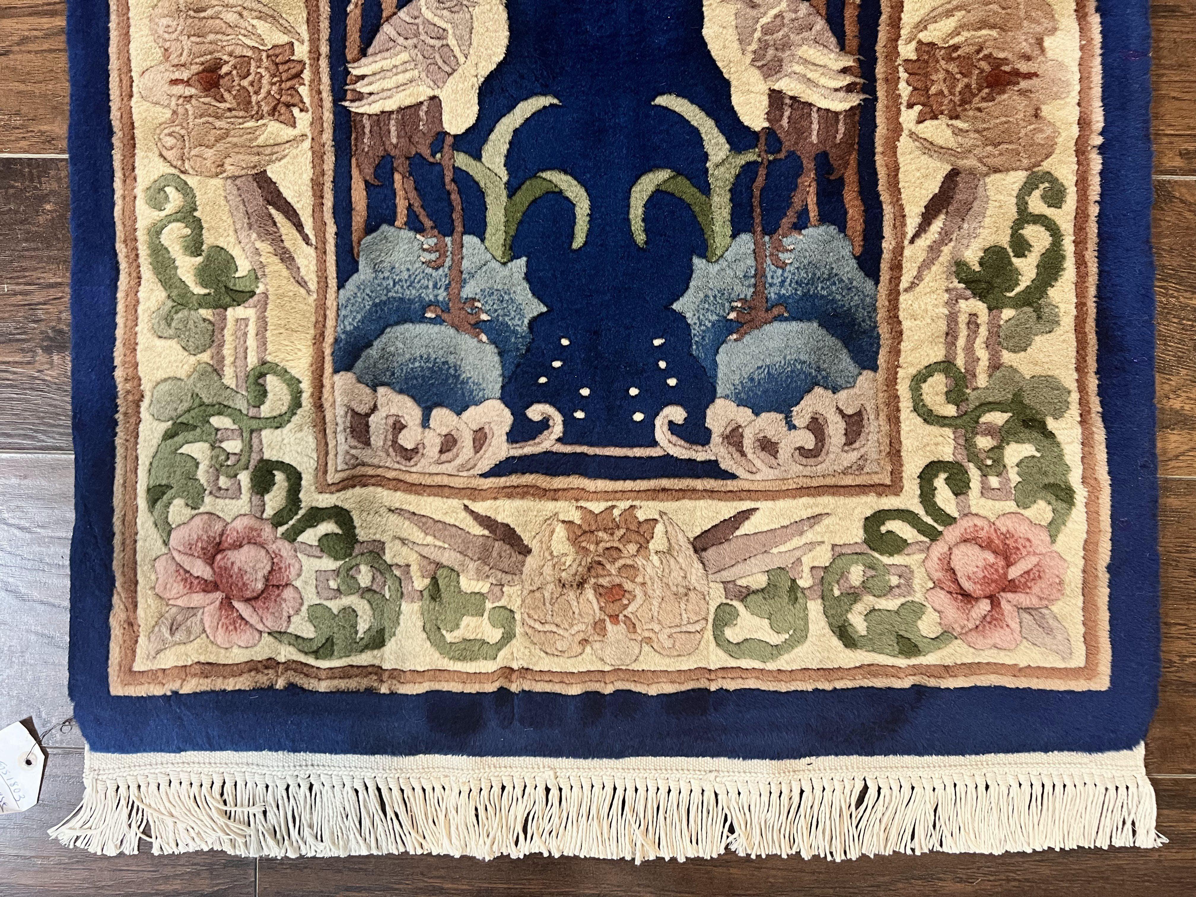 Chinese Wool Runner Rug 2x11, Blue and Beige, Swans, Handmade Vintage Asian Oriental Chinese Carving Rug, Art Deco 2 x 11 ft - Jewel Rugs