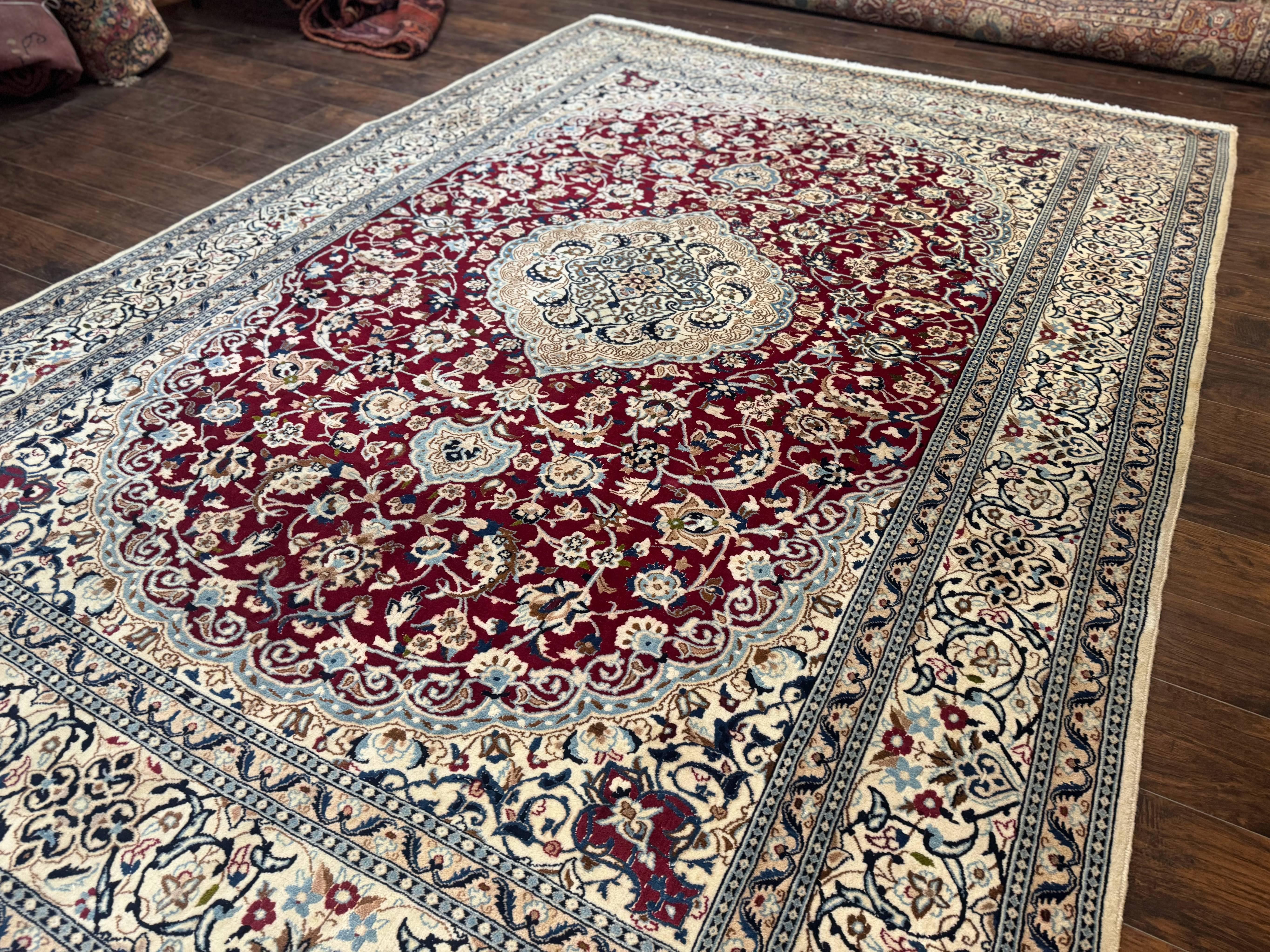 Persian Nain Rug 8x11, Wool and Silk Highlights, Burgundy & Ivory - Jewel Rugs