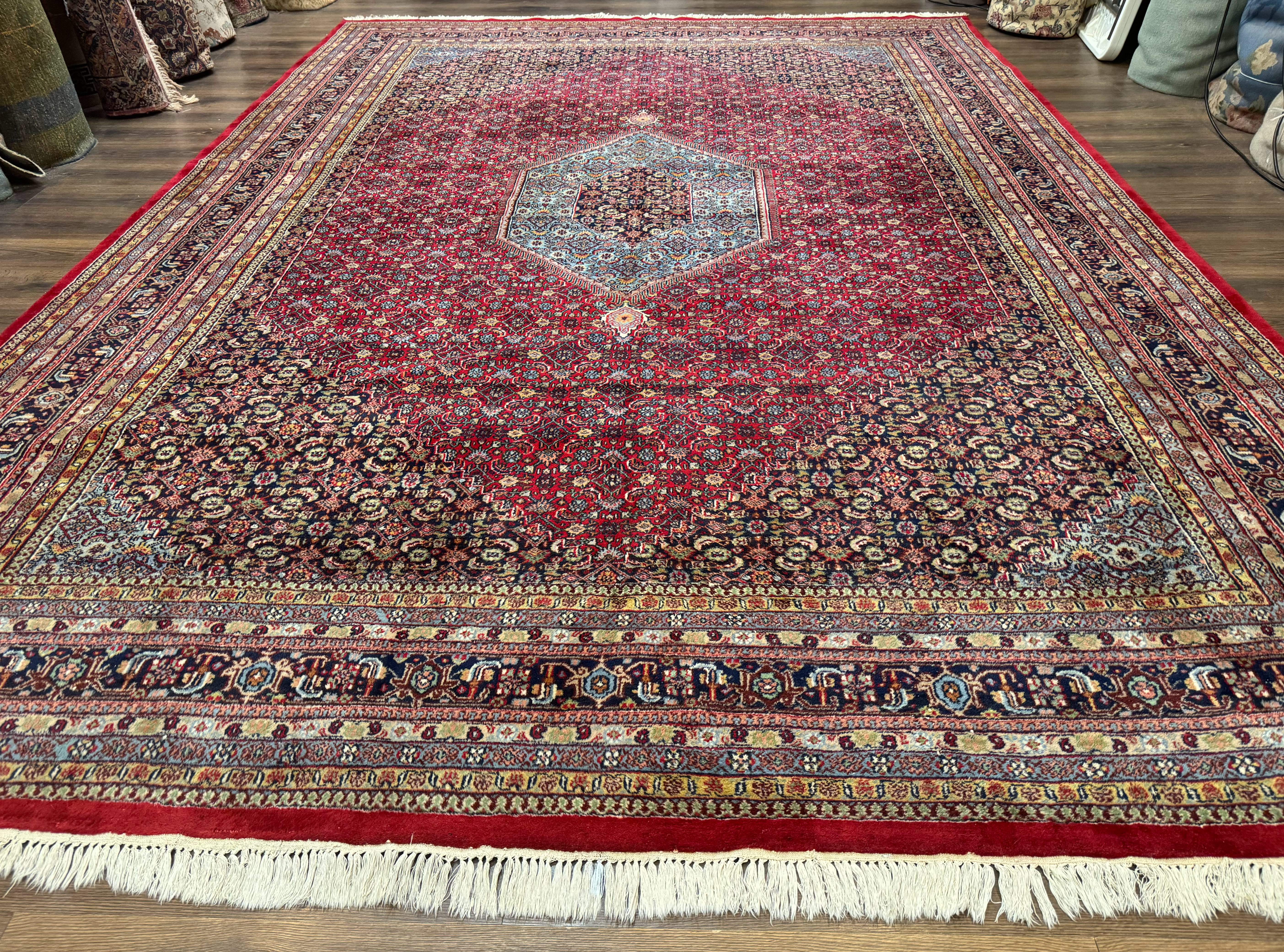 Indo Persian Bidjar Rug 10x14, Red and Dark Blue, Herati Mahi Pattern, Vintage - Jewel Rugs