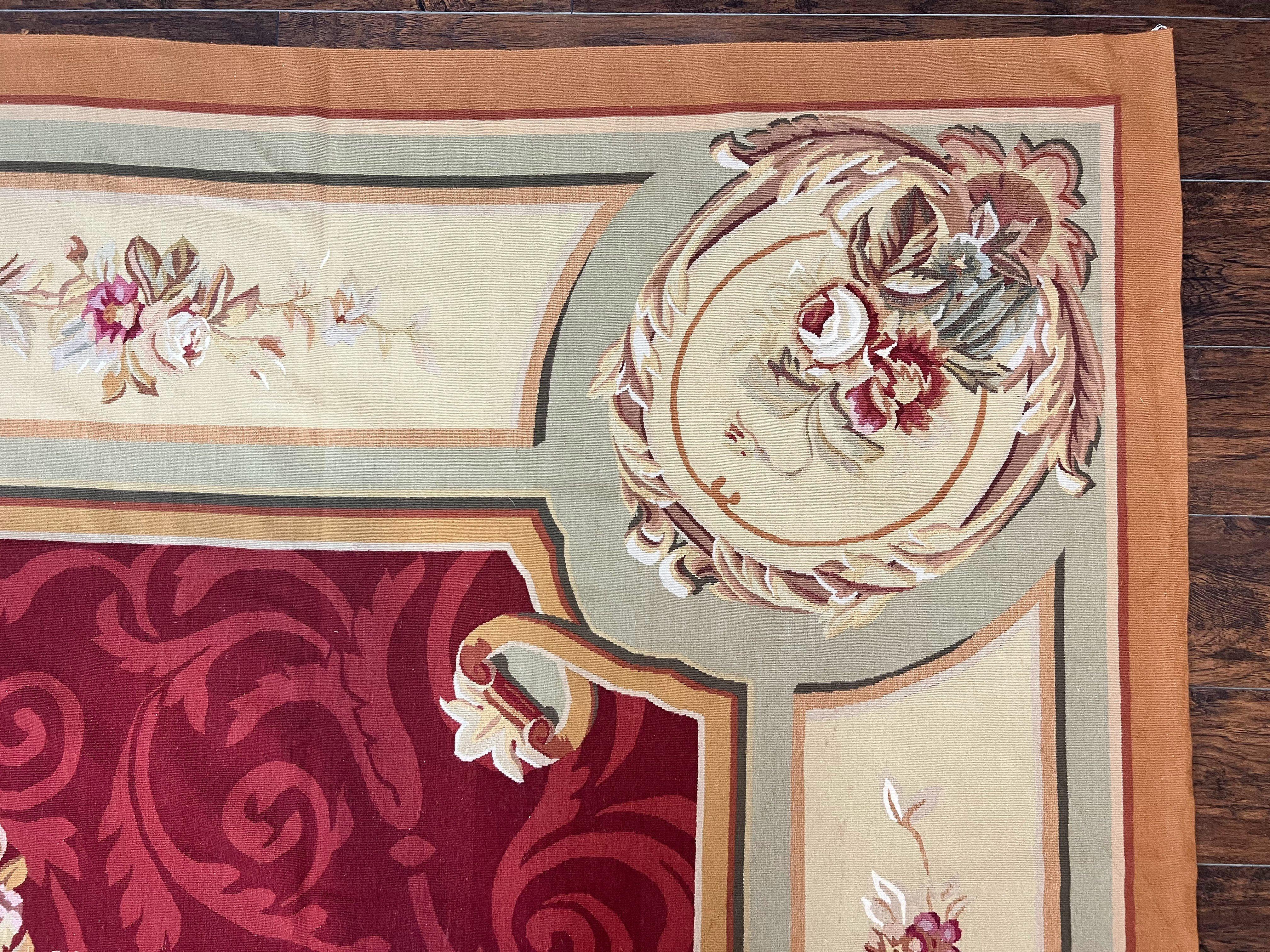Large Aubusson Rug 10x14, Wool Handmade Vintage Carpet, Dark Red Ivory Tan, French European Elegant Aubusson Weave Rug - Jewel Rugs
