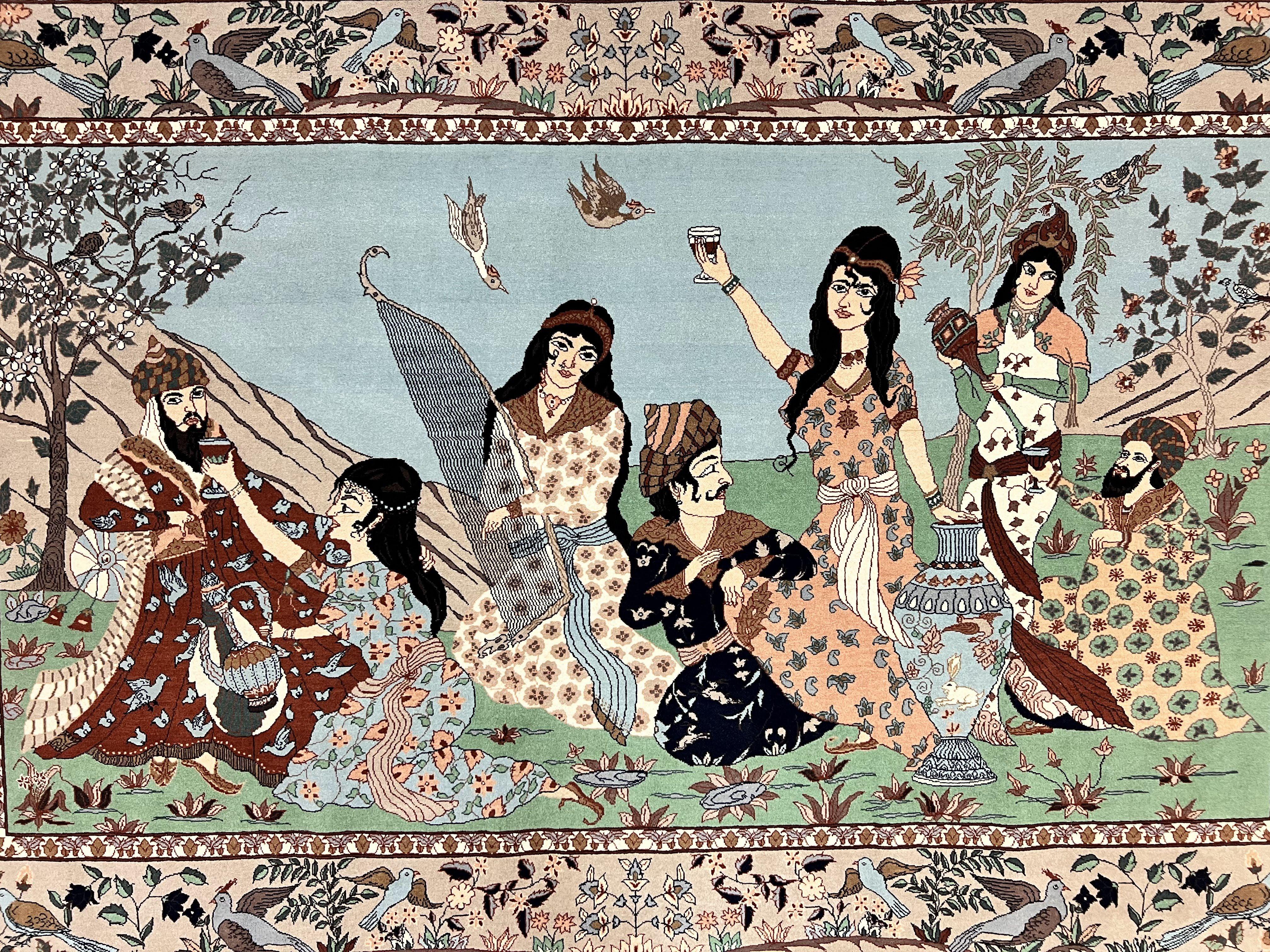 Indo Persian Pictorial Rug 4x7, Handmade Hand Knotted Wool Semi Antique Horizontal Carpet, Men & Women Drinking, Fine Rug, Bird Pictorials - Jewel Rugs