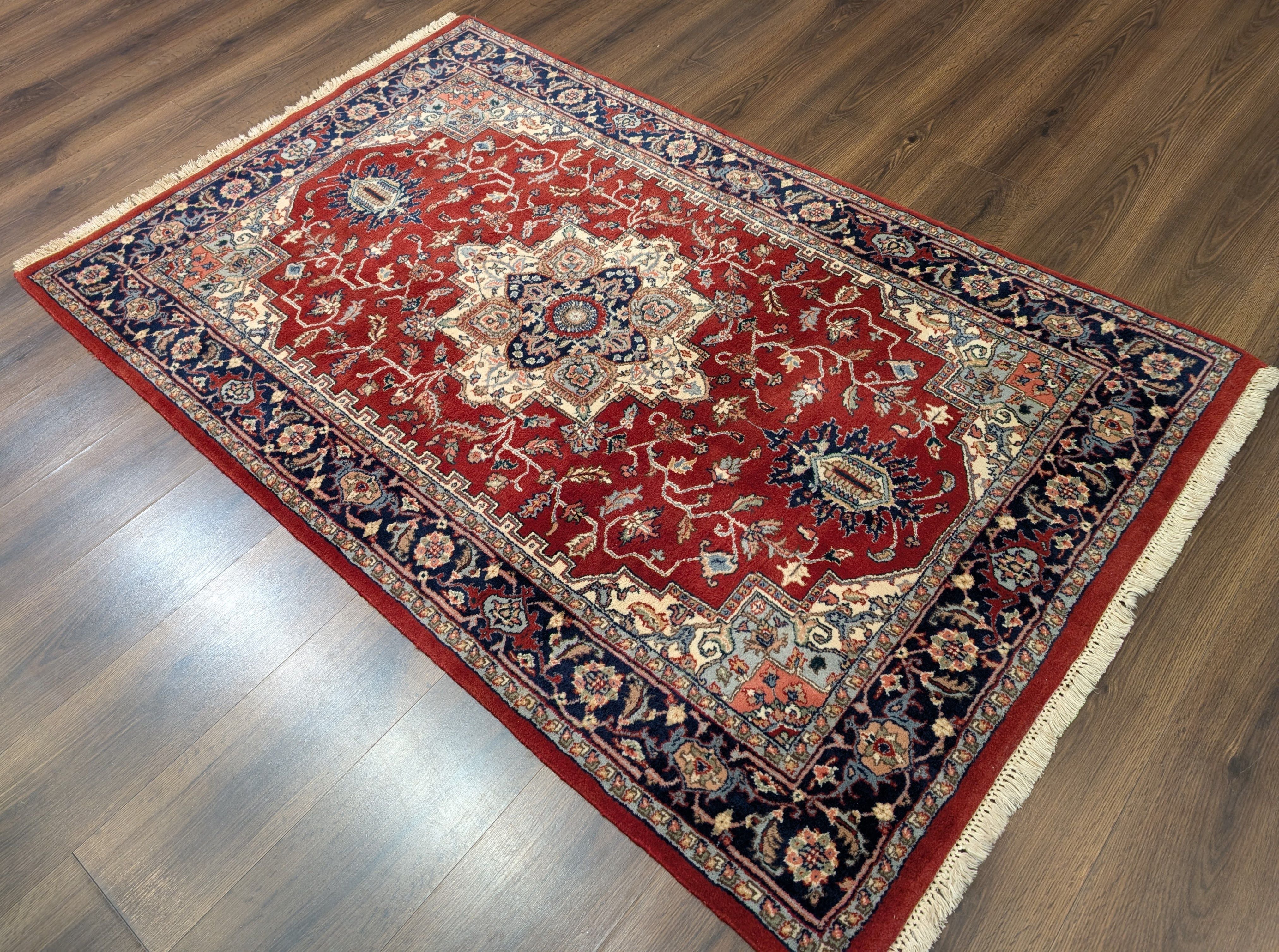 Indo Persian Heriz Rug 4x6, Red and Navy Hand Knotted Traditional Oriental Rug - Jewel Rugs