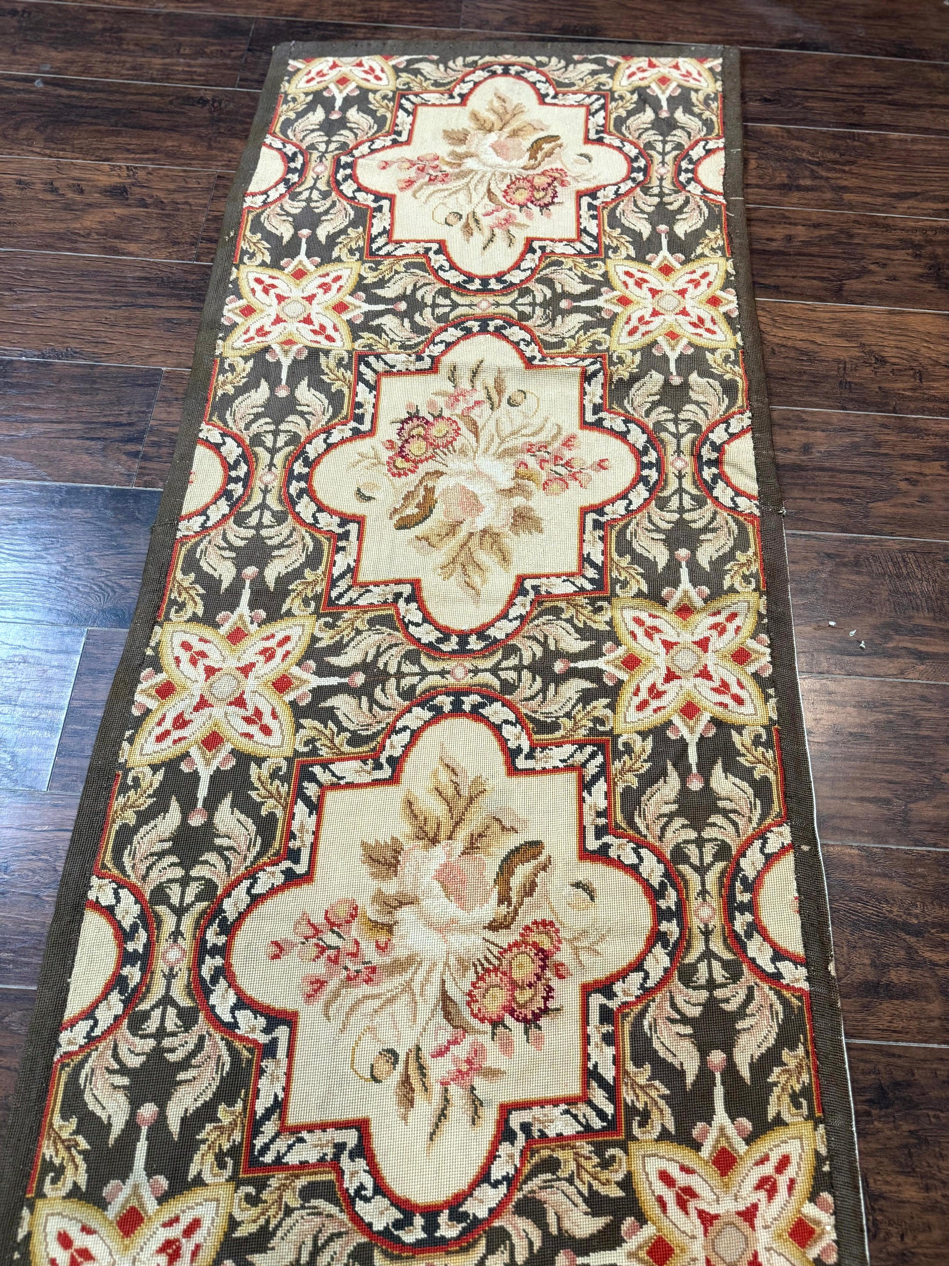 Needlepoint Runner Rug 2.7 x 9.7, European French Design, Wool, Handmade, Vintage - Jewel Rugs