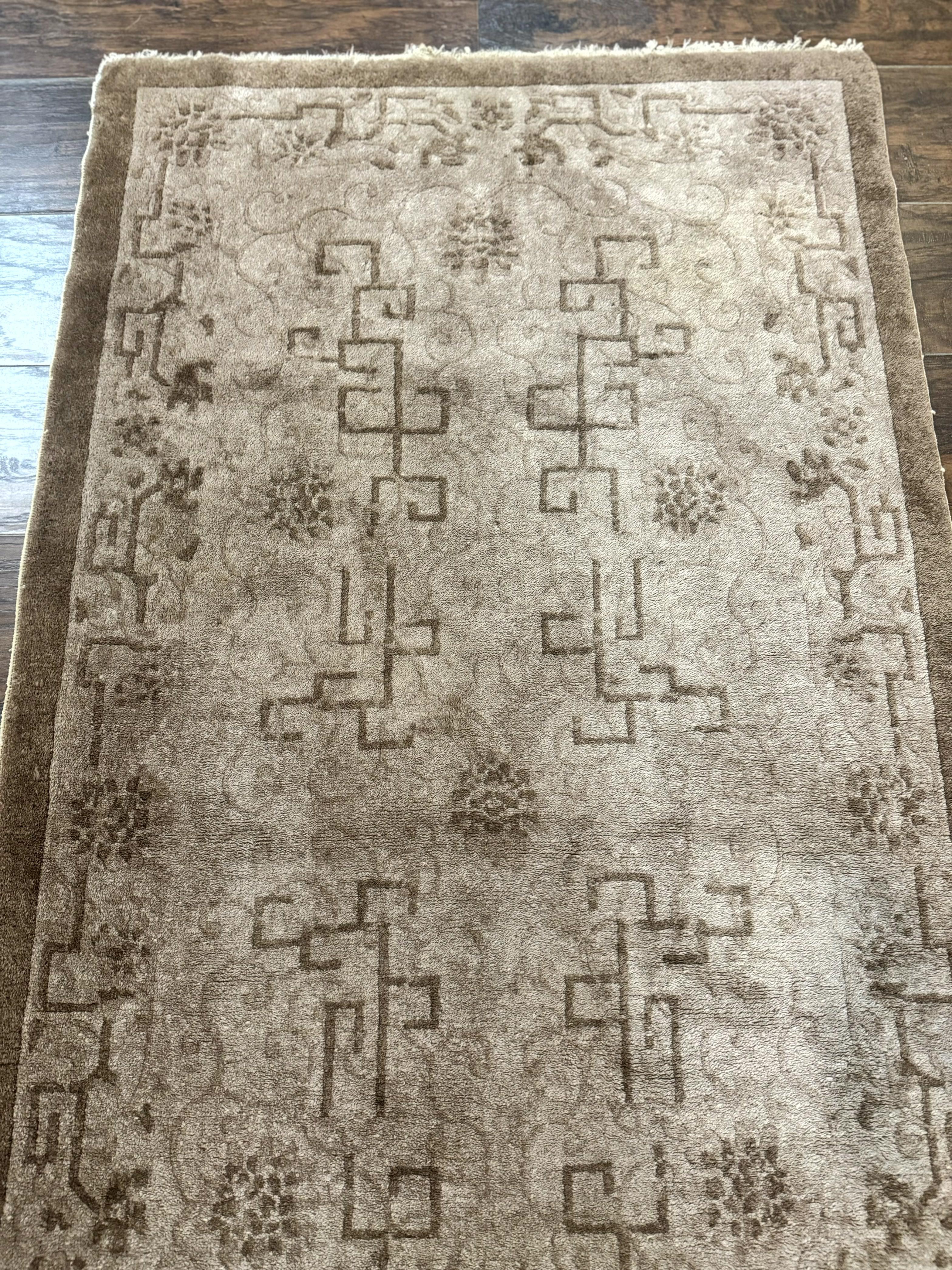 Antique Chinese Fette Rug 3x6, Taupe, Handmade Wool Chinese Carpet - Jewel Rugs