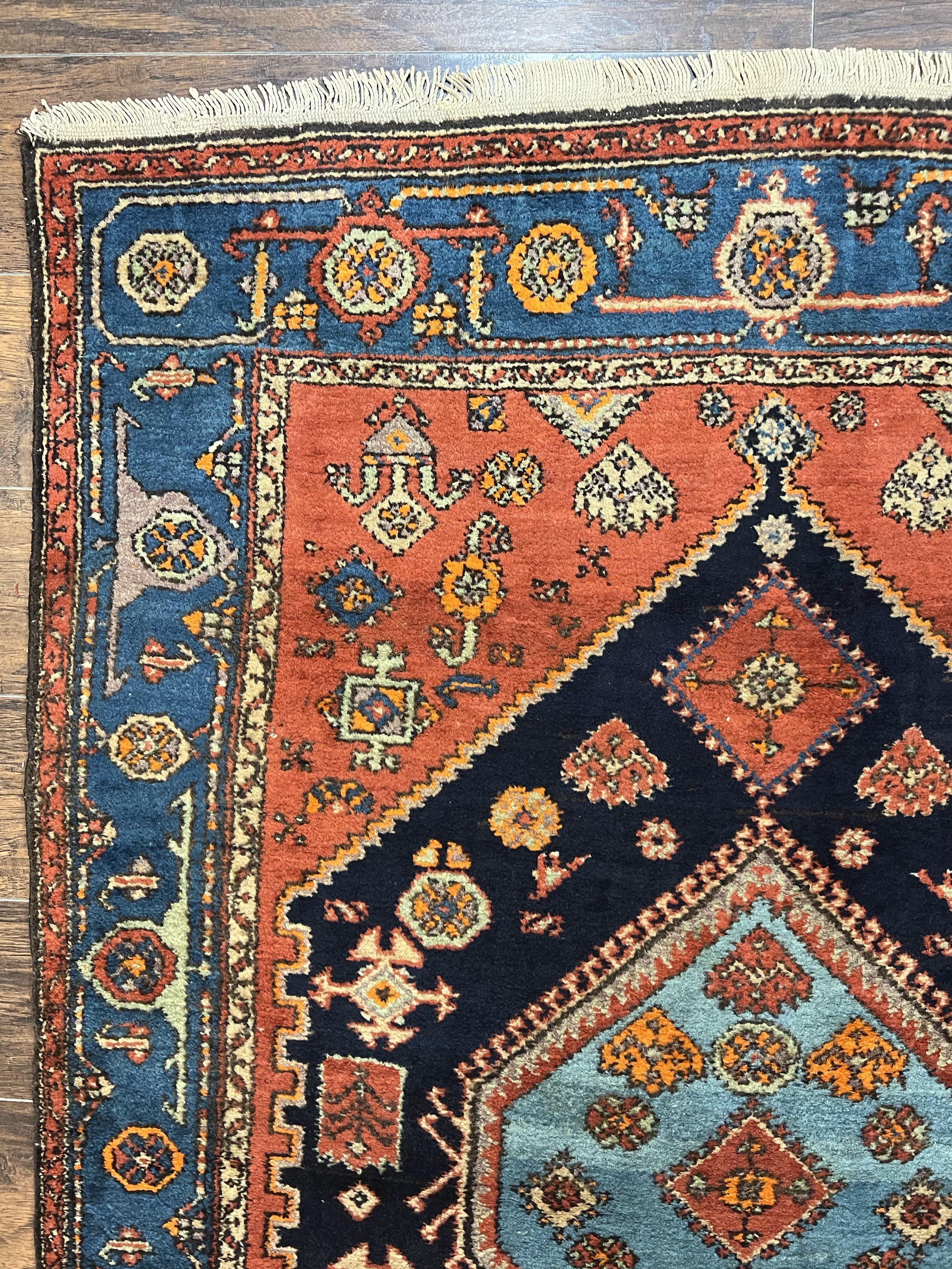 Antique Persian Hamadan Rug 4x6, Red Blue, Hand Knotted Carpet, Geometric, Tribal Rug, Wool Rug 4 x 6 - Jewel Rugs