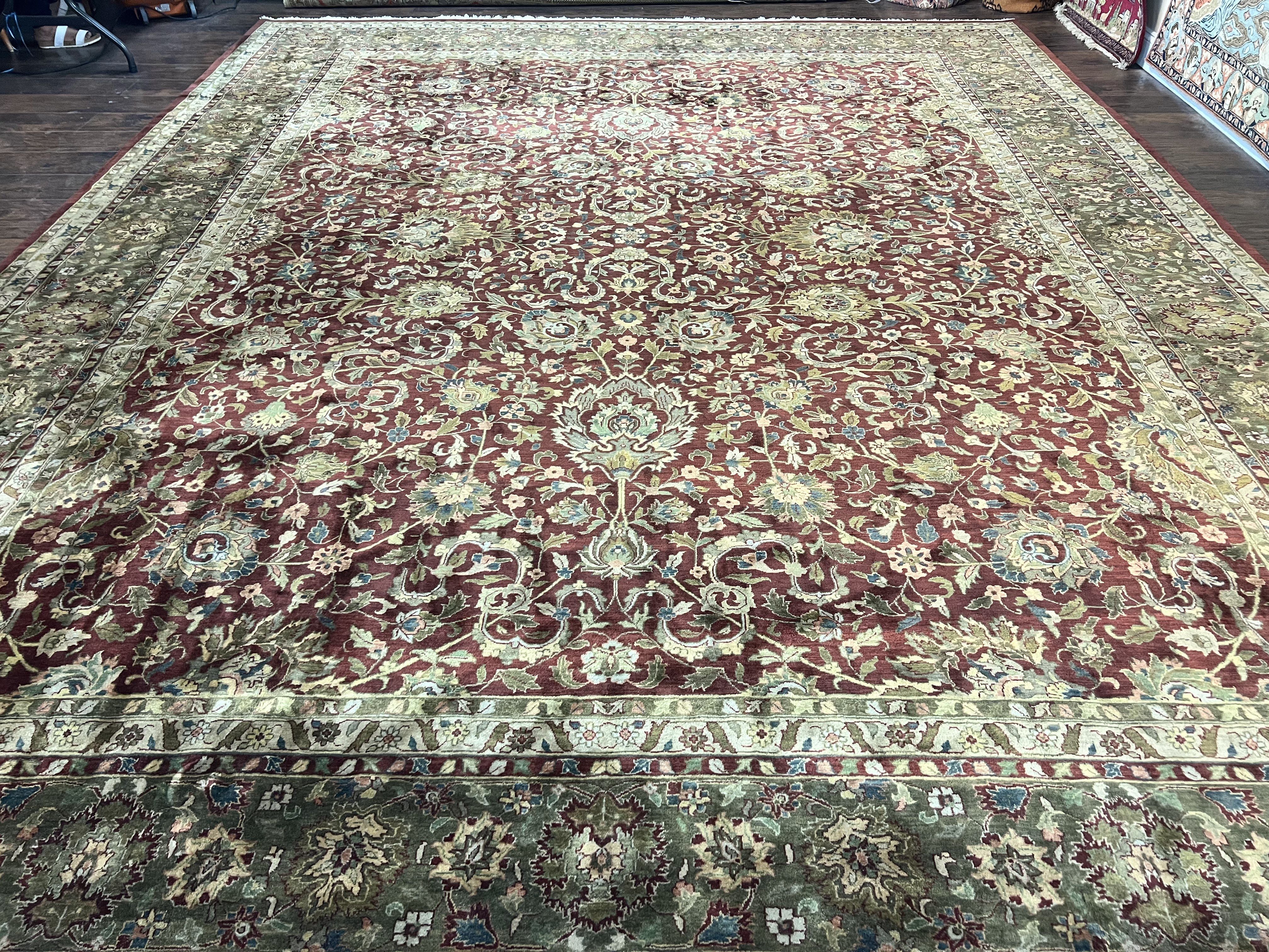 Indian Agra Rug 12x15, Oversized Extra Large Wool Hand Knotted Vintage Oriental Carpet, Burgundy & Olive Green, Floral Allover Rug 12 x 15 - Jewel Rugs