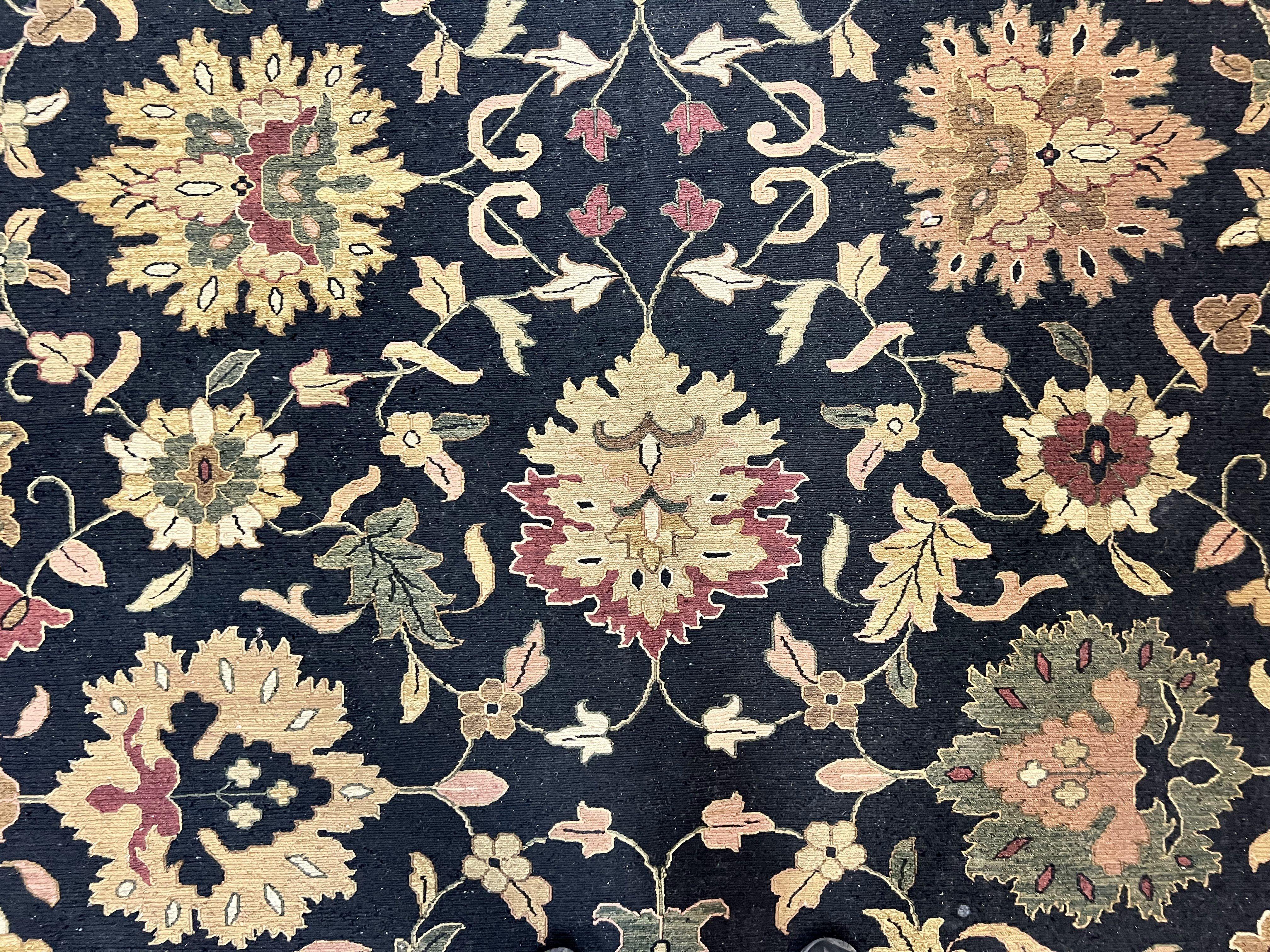 Indo Persian Rug 10x14, Wool Handmade Room Sized Floral Oriental Carpet, Indian Mahal Flatweave Rug, Black Beige - Jewel Rugs