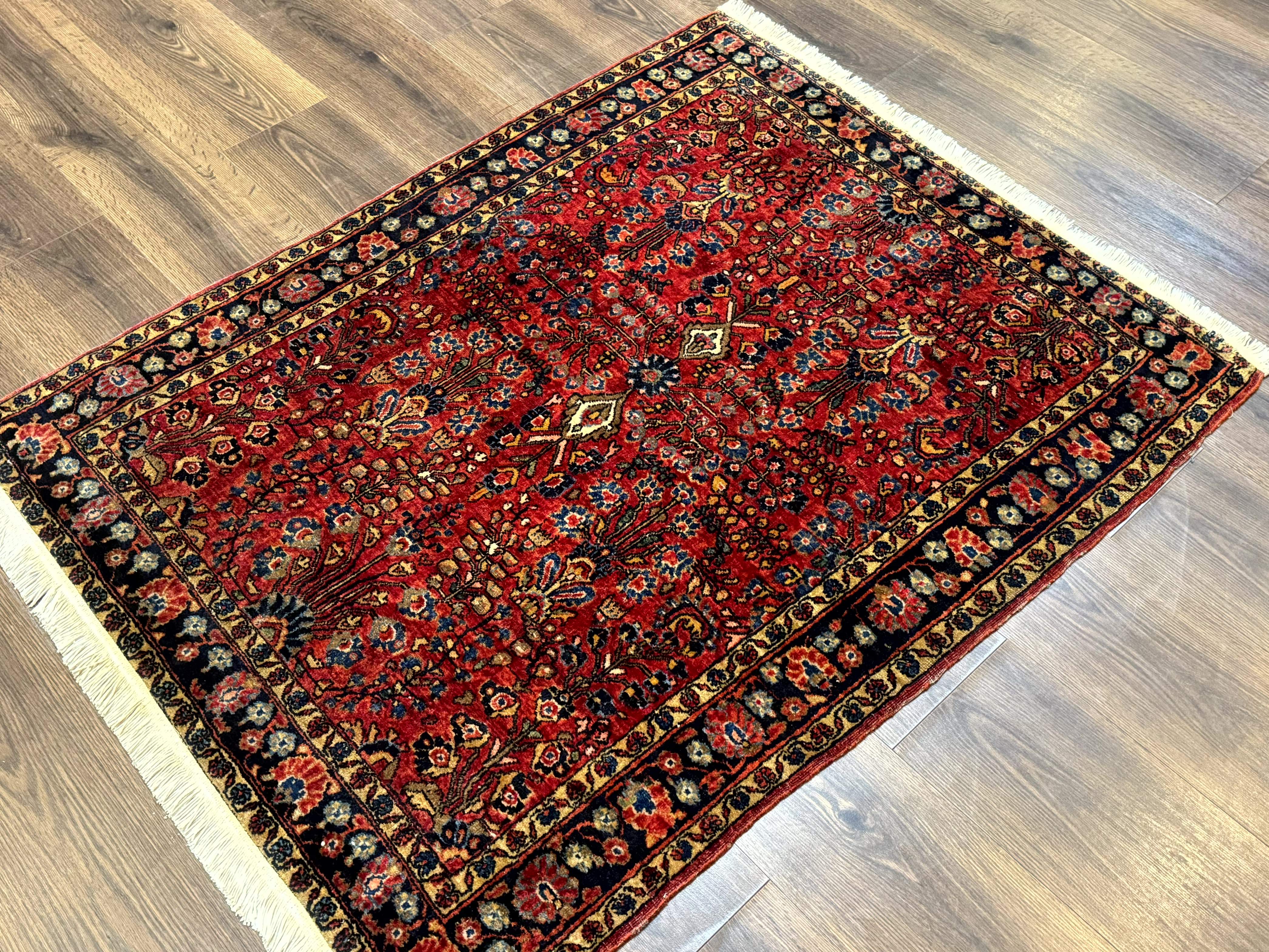 Antique Persian Sarouk Rug 3x4, Red, Floral, 1920s Wool Rug - Jewel Rugs