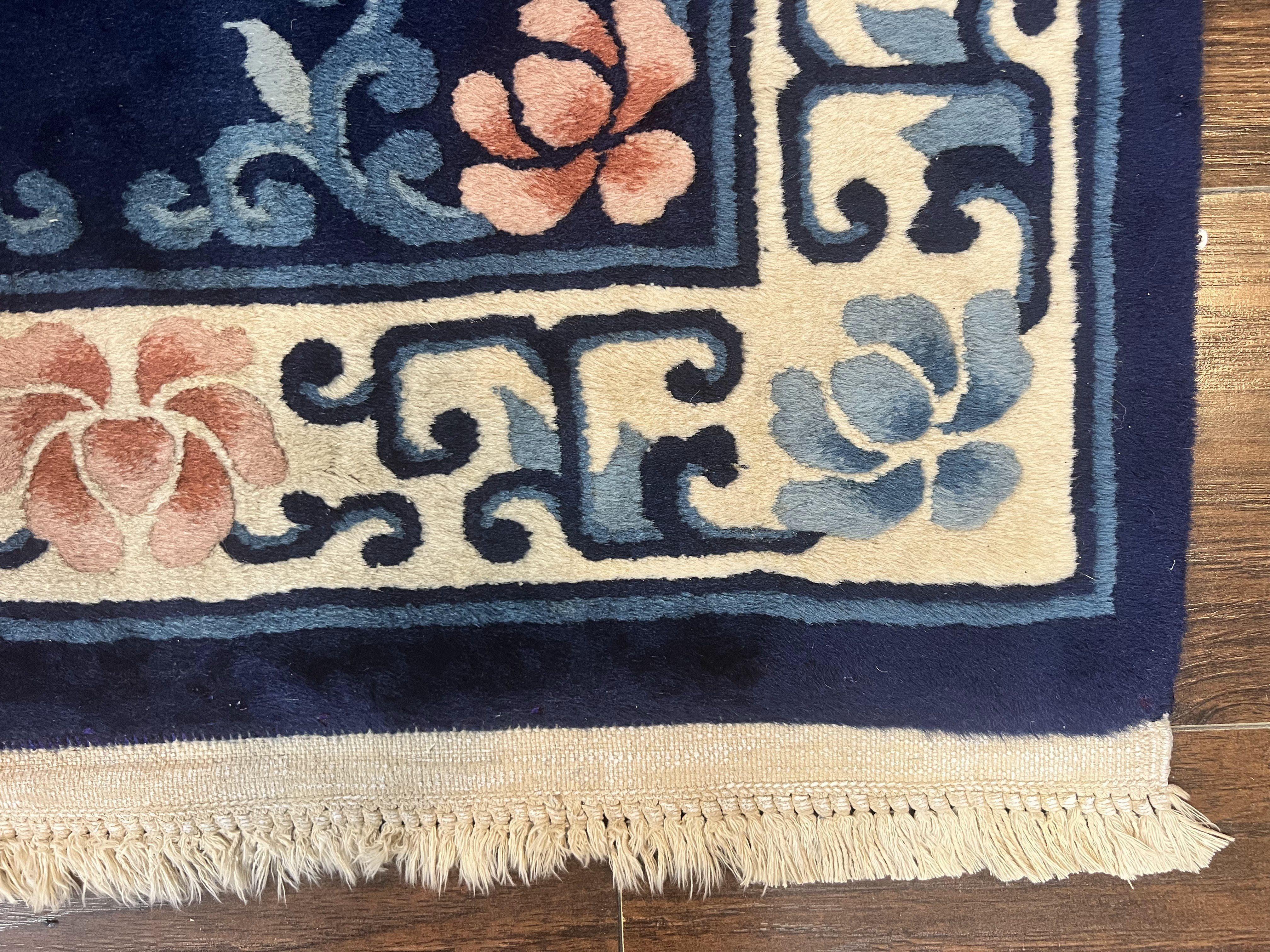 Chinese Wool Runner Rug 2.6 x 12, Blue and Beige, Handmade Vintage Wool Rug for Hallway, 12ft Runner, Asian Oriental Art Deco 90 Line Rug - Jewel Rugs