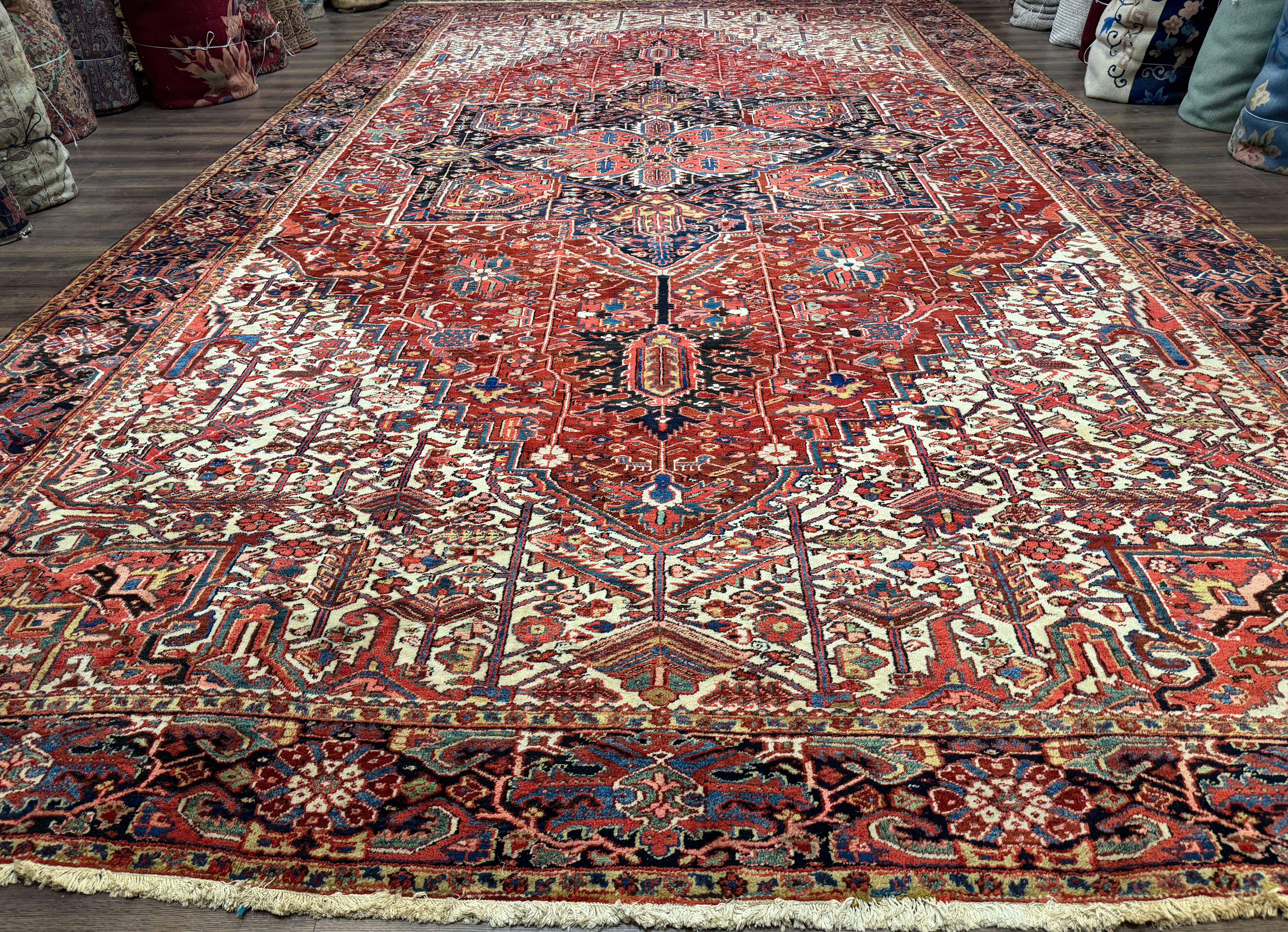 Palace Size Persian Heriz Rug 12x21 Wool Handmade Red Blue Ivory - Jewel Rugs