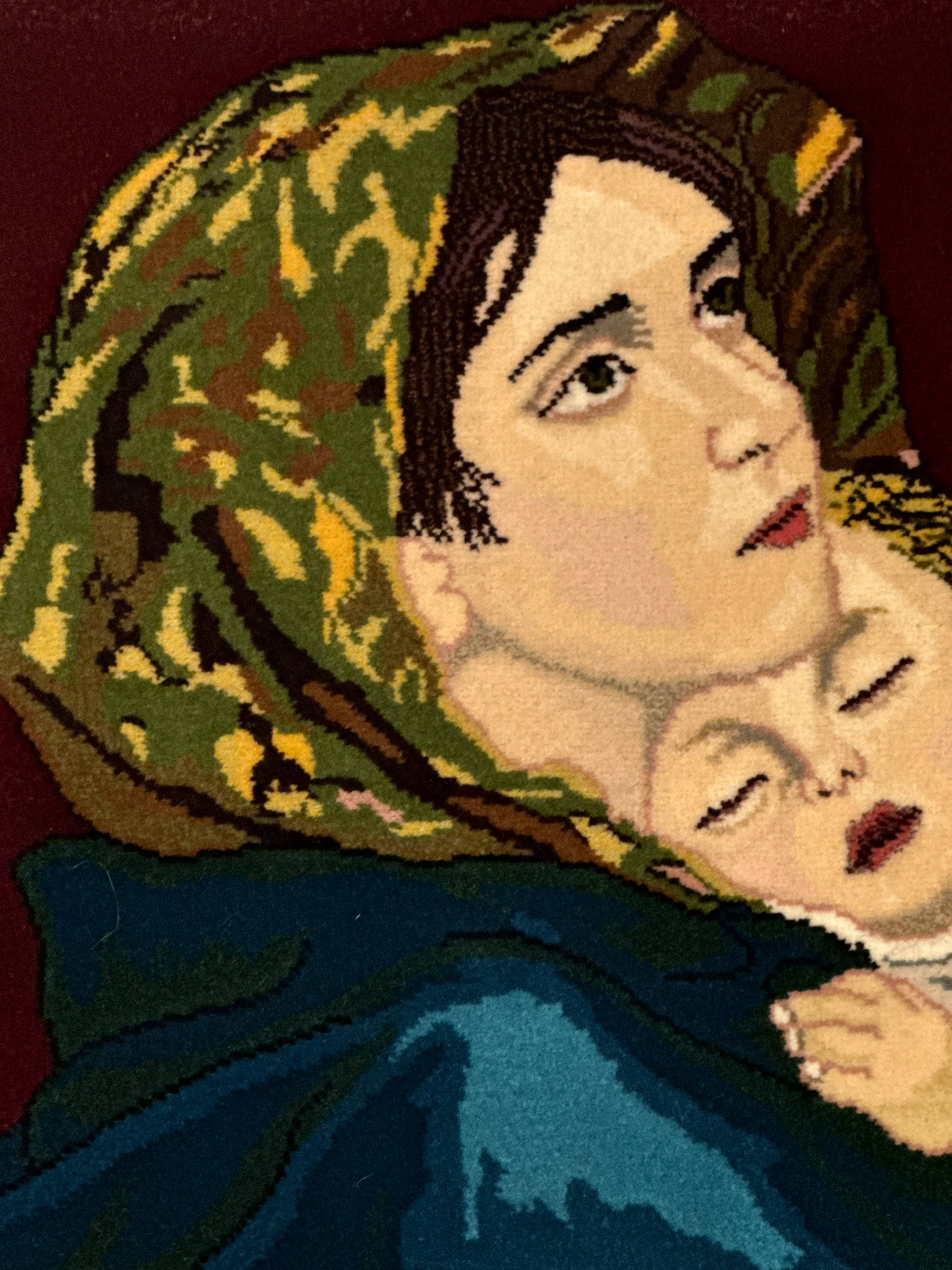 Small Persian Tabriz Pictorial Rug 2x2, Mother Holding Child, Very Fine 340 KPSI, Maroon - Jewel Rugs