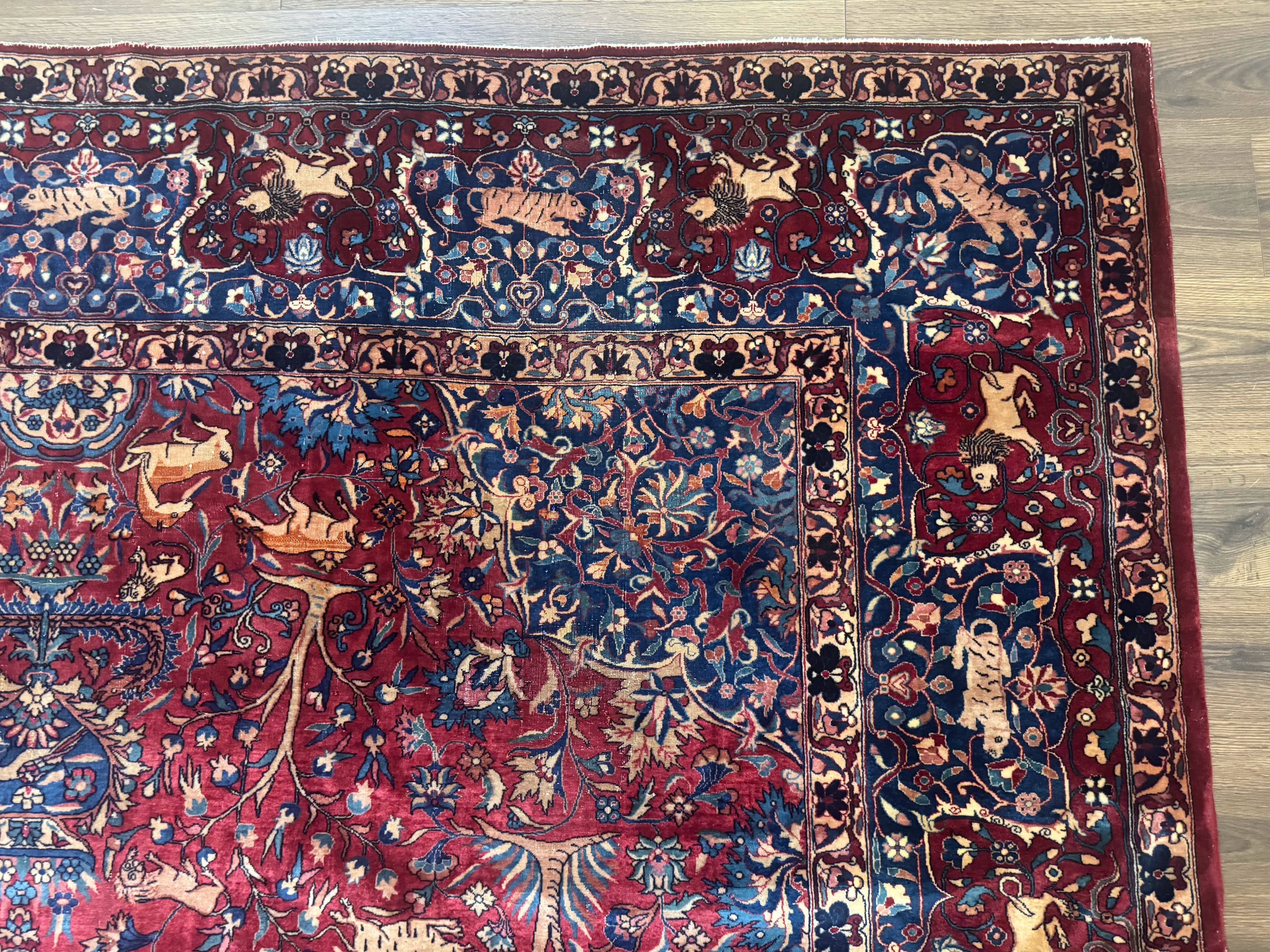 Antique Indo Persian Kerman Rug 9x12 Red Manchester Wool Animal Pictorials, Fine 290 KPSI - Jewel Rugs