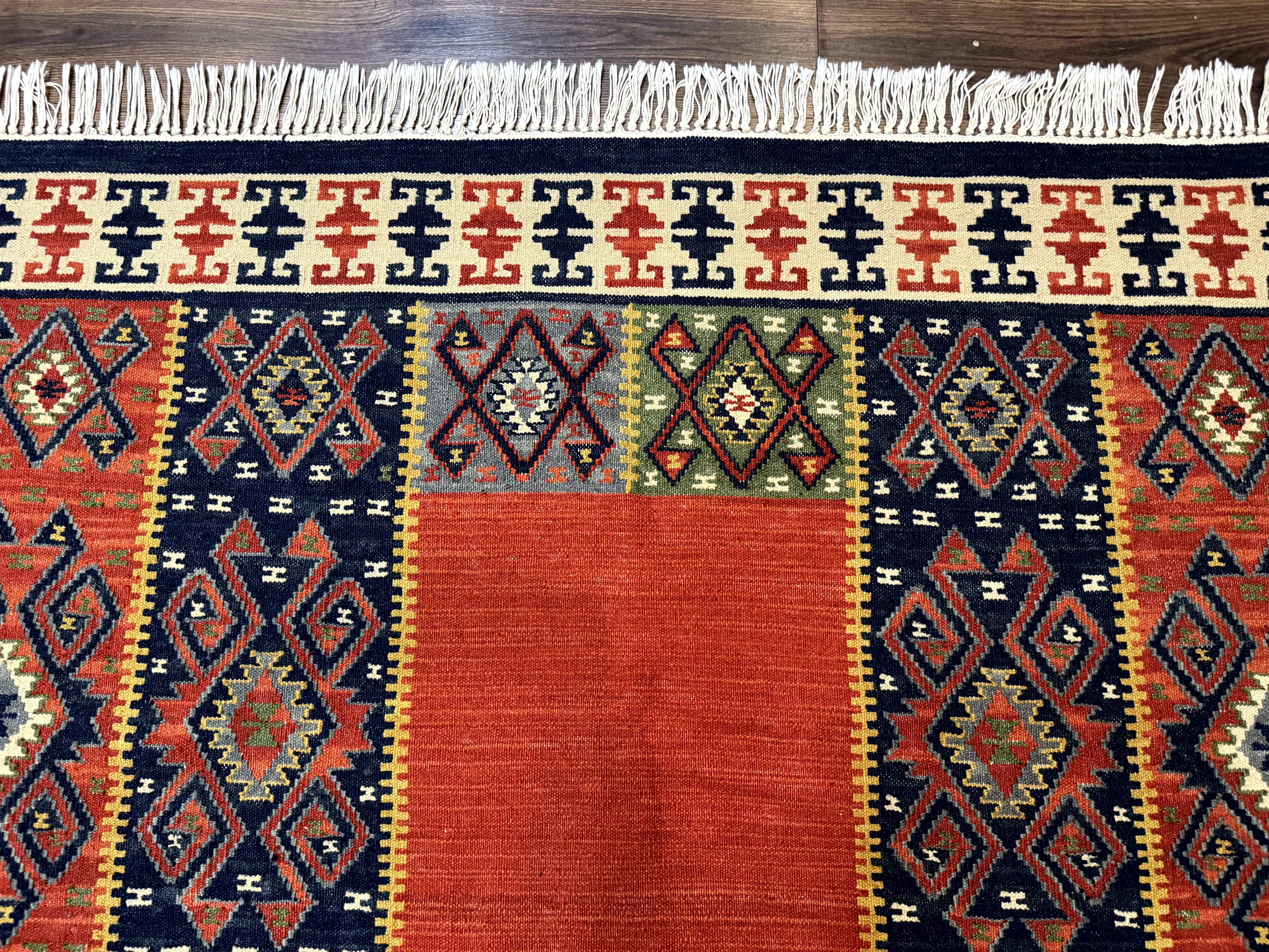Turkish Kilim Rug 5x8, Flatweave Carpet, Handmade Bohemian Rug, Terracotta and Navy Blue - Jewel Rugs