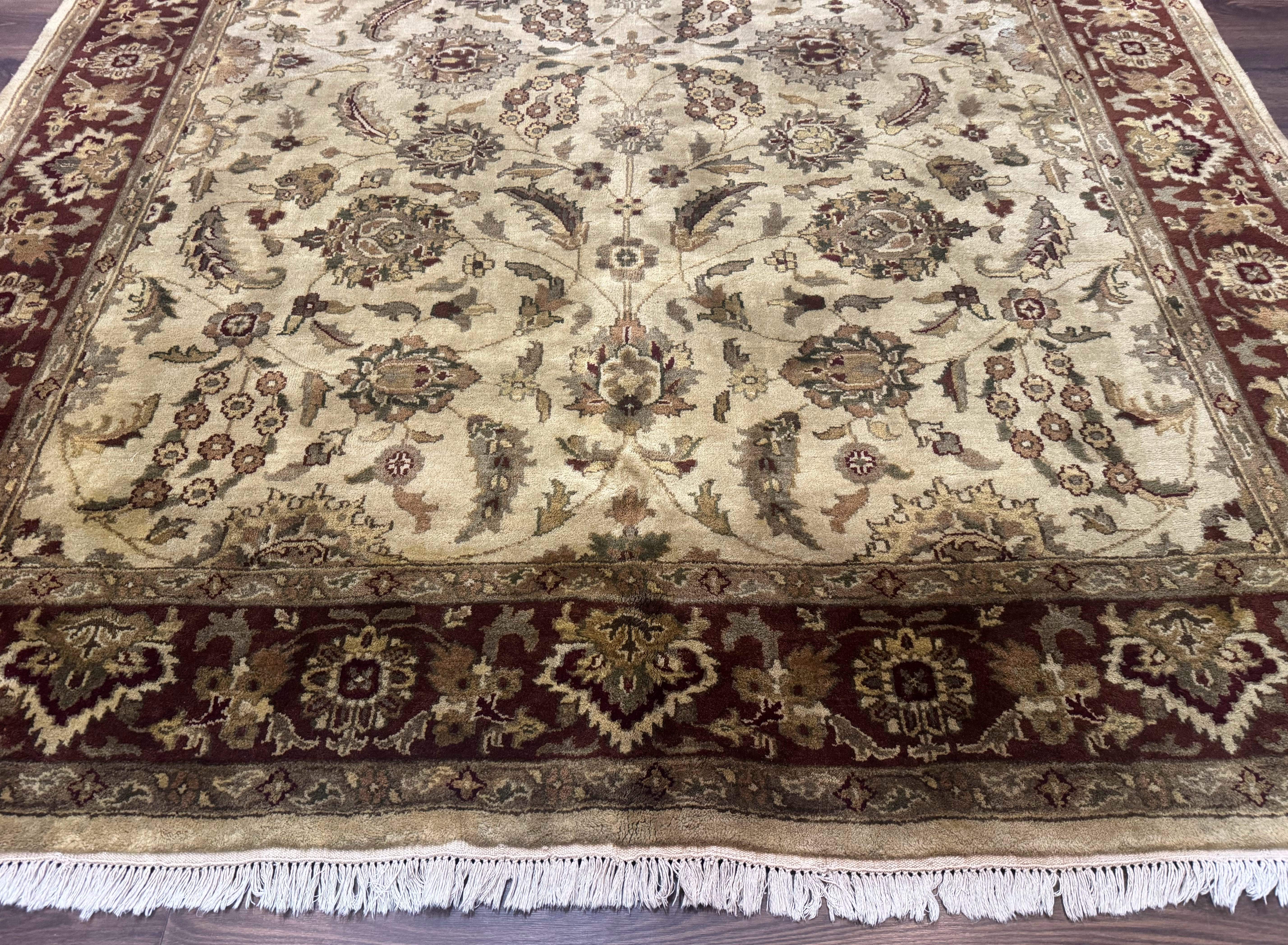 Indo Persian Mahal Rug 8x10 – Beige and Maroon, Hand-Knotted Wool Carpet - Jewel Rugs