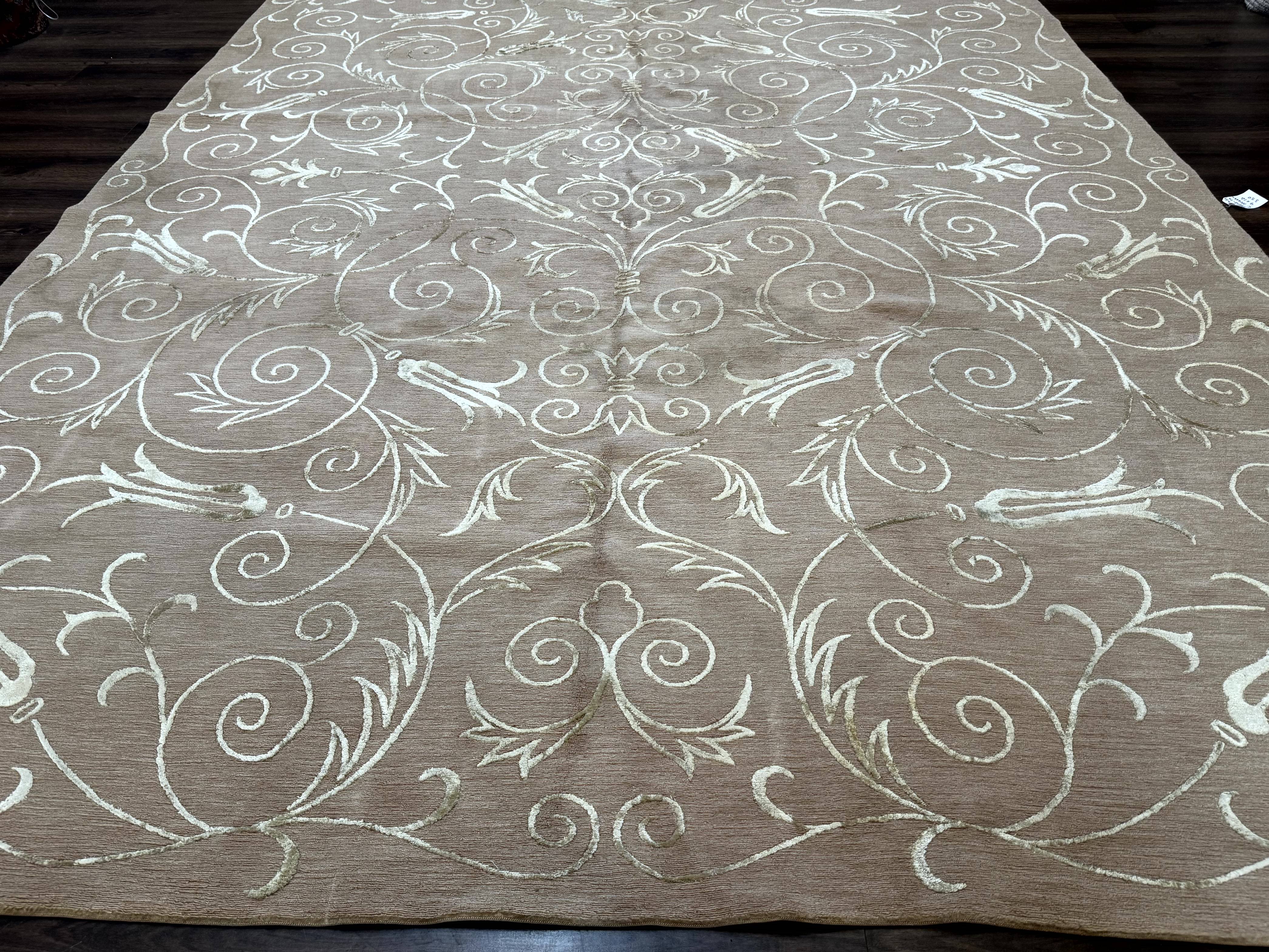 Tibetan Rug 9x12 Wool and Silk Beige Modern Handmade Carpet - Jewel Rugs