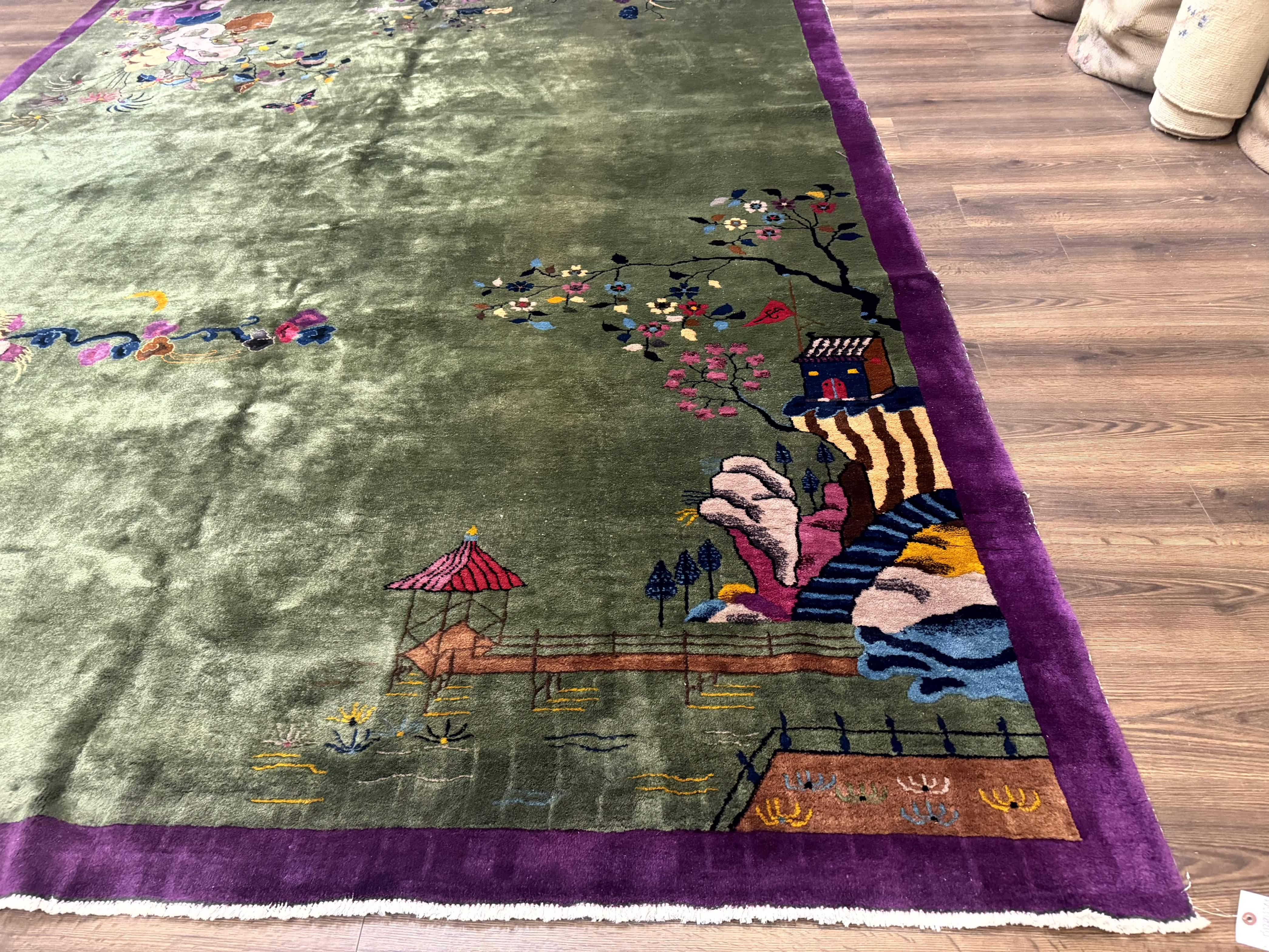 Antique Chinese Nichols Rug 9x12 - Rare Green and Purple Art Deco Carpet - Jewel Rugs