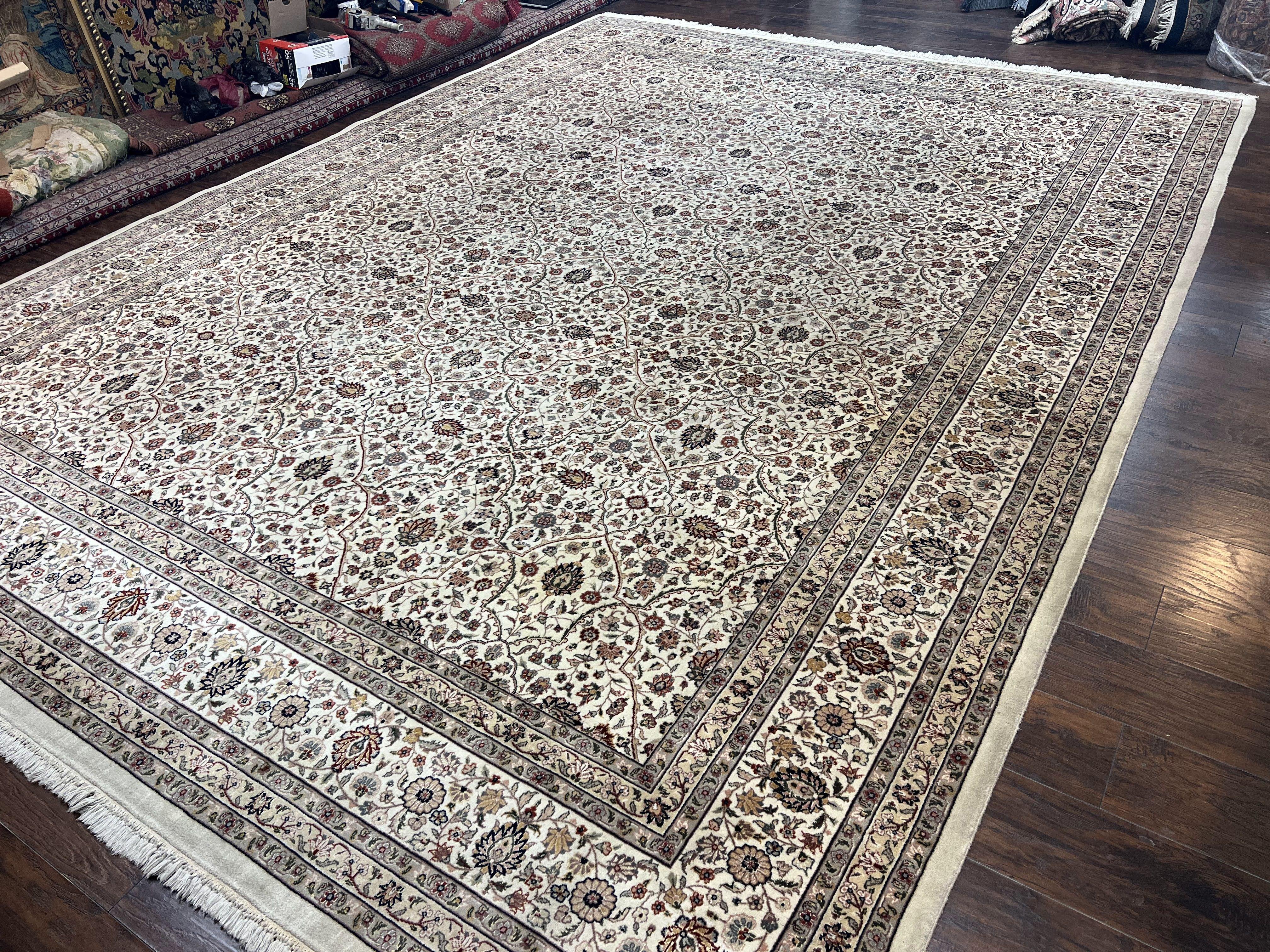 Large Pak Persian Rug 11x15, Oversized Oriental Carpet, Palace Size 11 x 15 ft, Floral Allover, Ivory Taupe, Handmade Wool Vintage Area Rug - Jewel Rugs