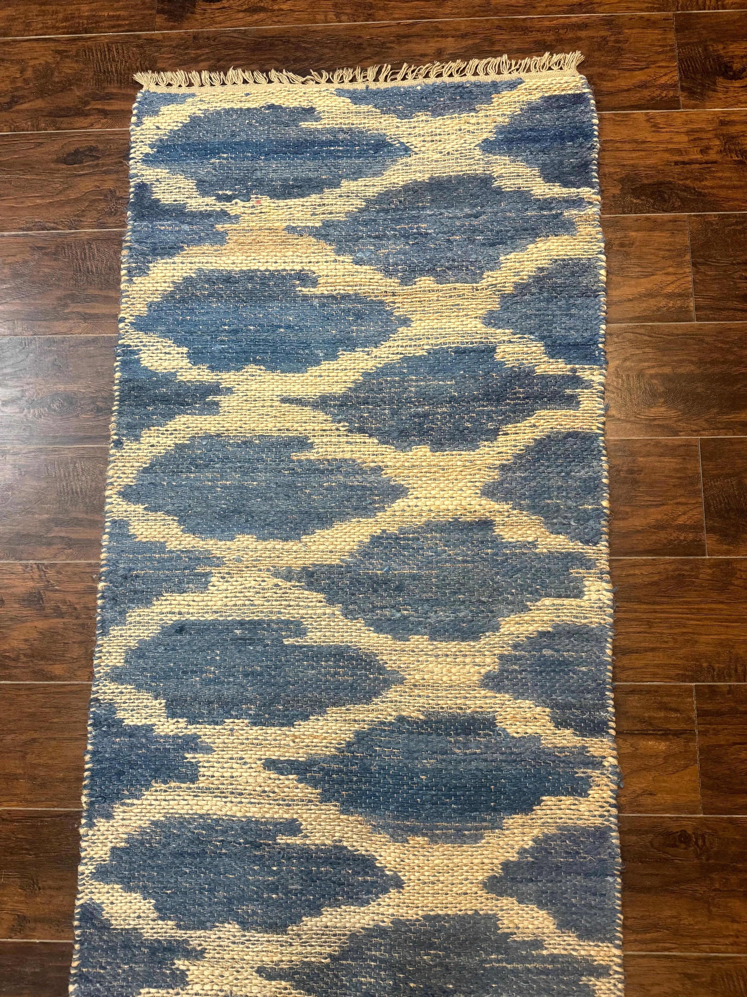 Modern Jute Runner Rug 2.9 x 7.9, Beige and Blue, Handwoven, Kaleen Rug - Jewel Rugs