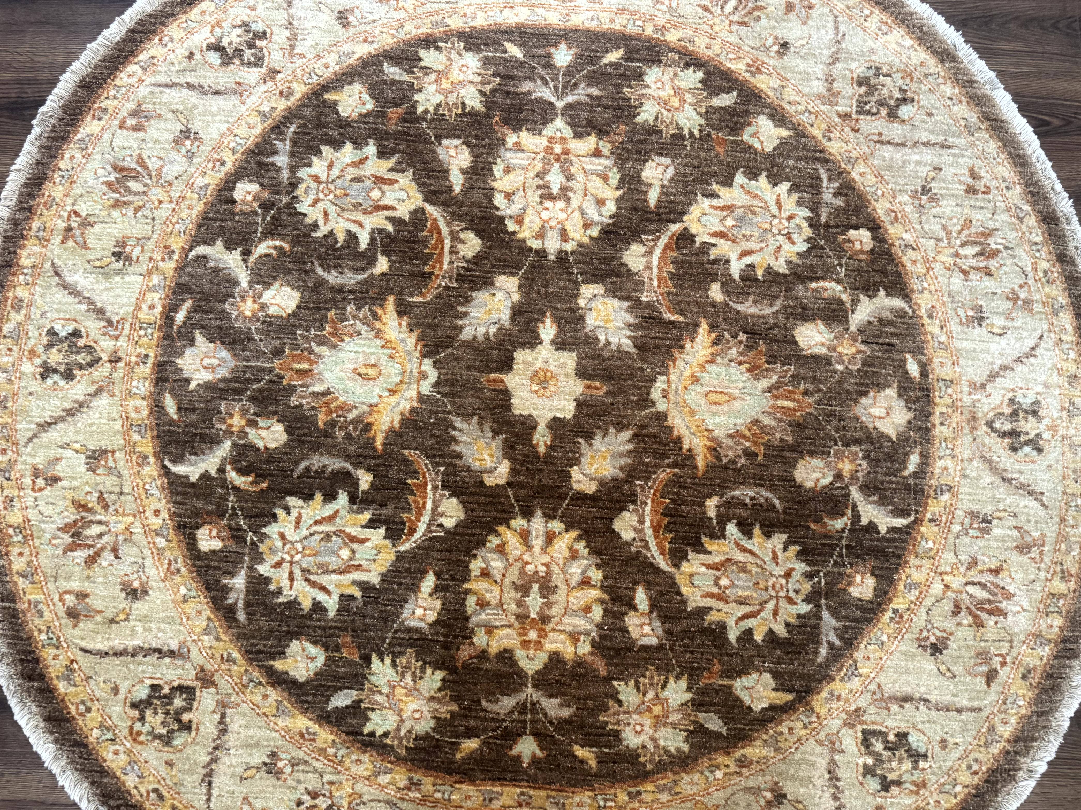 Round Pakistani Rug 6x6, Brown and Beige, Floral, Peshawar Rug, Traditional - Jewel Rugs