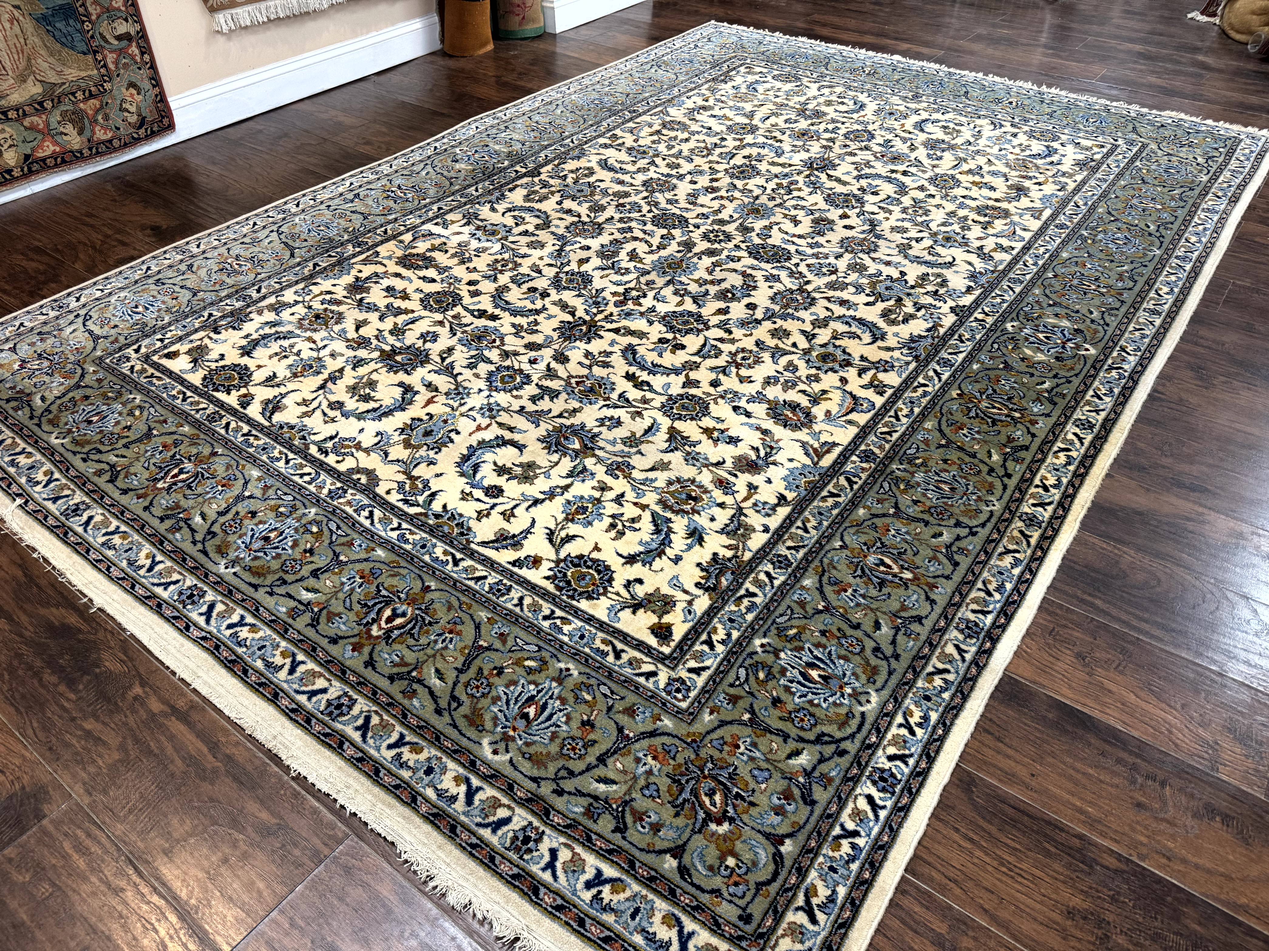 Persian Kashan Rug 8x11, Ivory Blue Green, Floral Allover, Signed By Masterweaver - Jewel Rugs