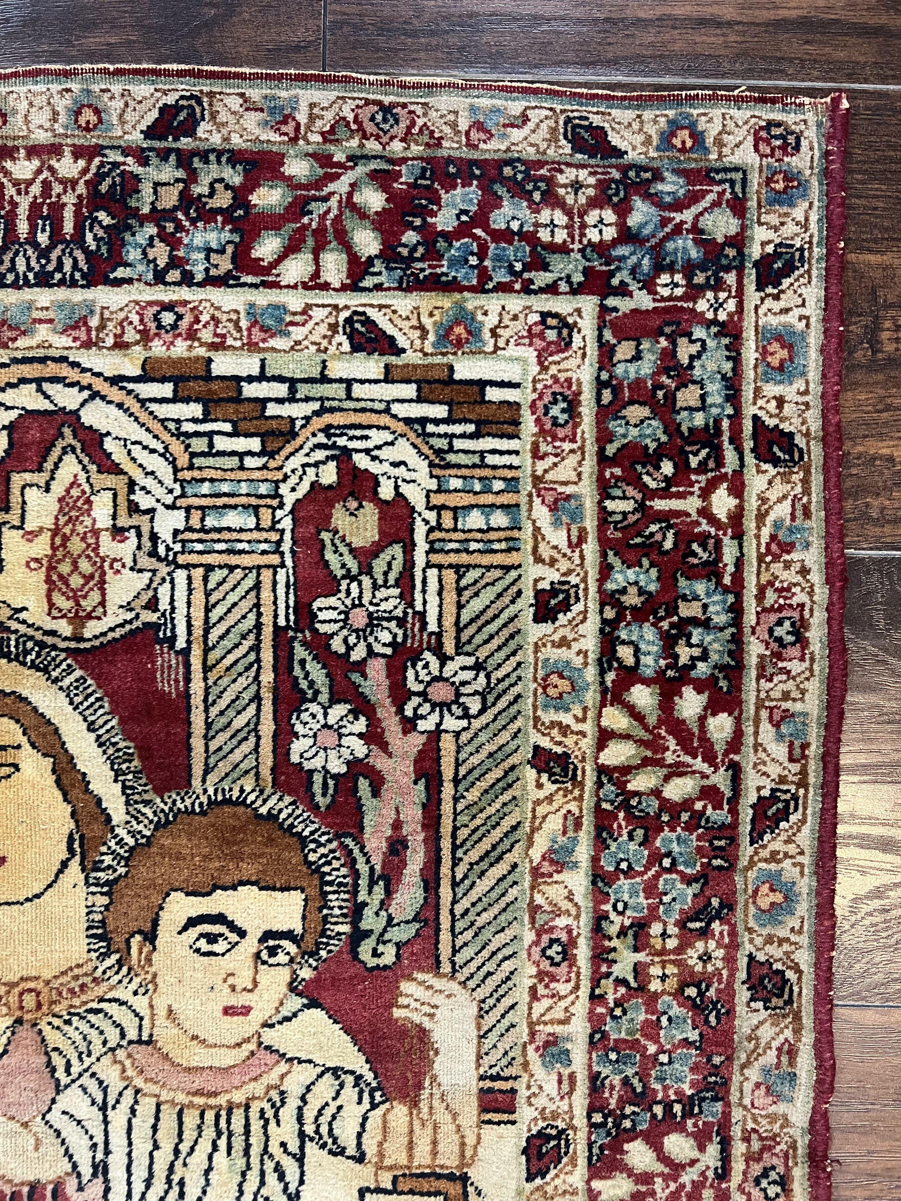 Antique Persian Pictorial Rug 2x3, Virgin Mary and Young Jesus, Rare Christian Kirman Lavar Rug, Hand Knotted Wool Carpet, Collectible - Jewel Rugs