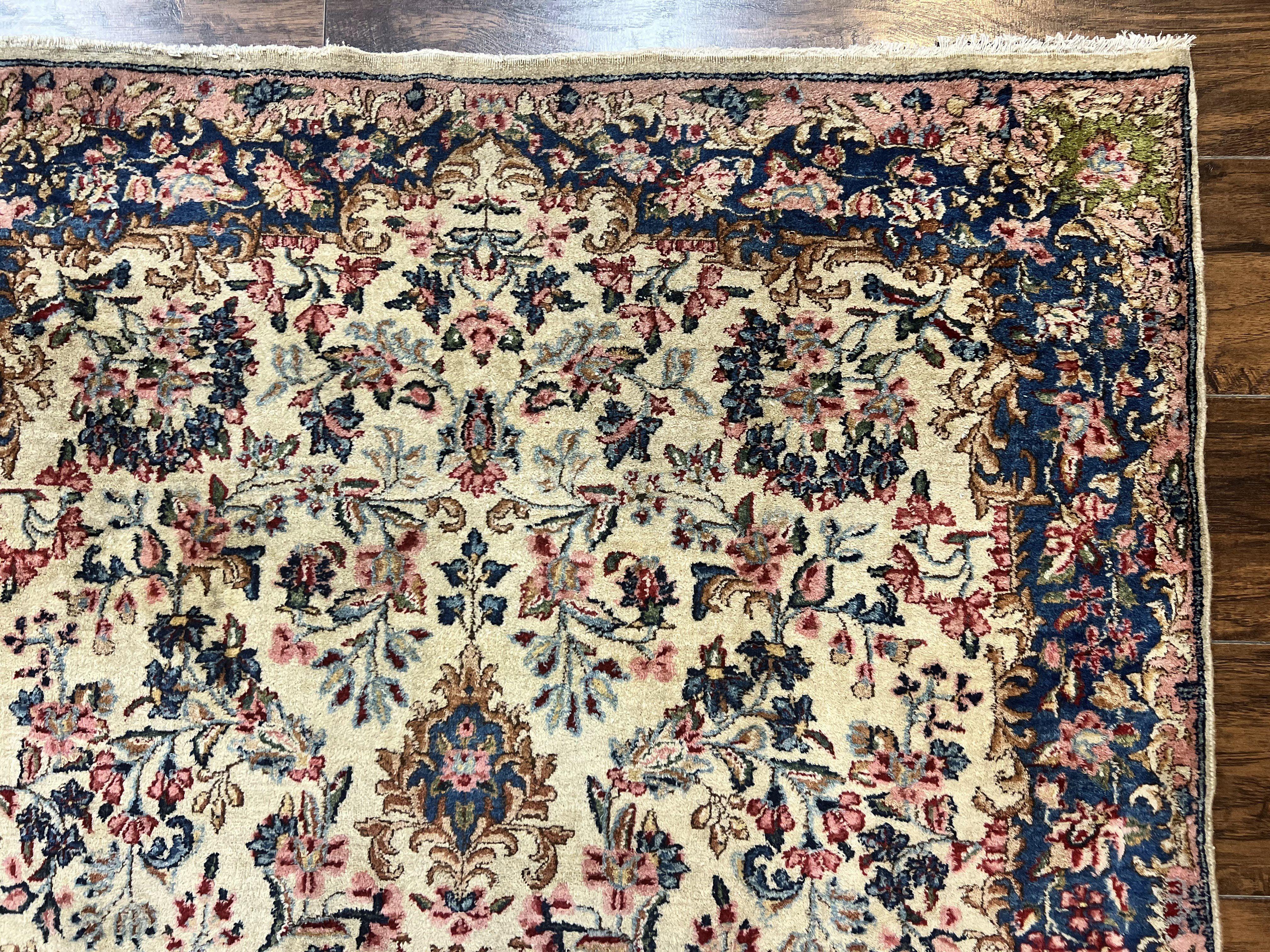 Antique Persian Kirman Rug 4x7, Cream and Navy Blue, Hand Knotted Wool Floral Carpet - Jewel Rugs