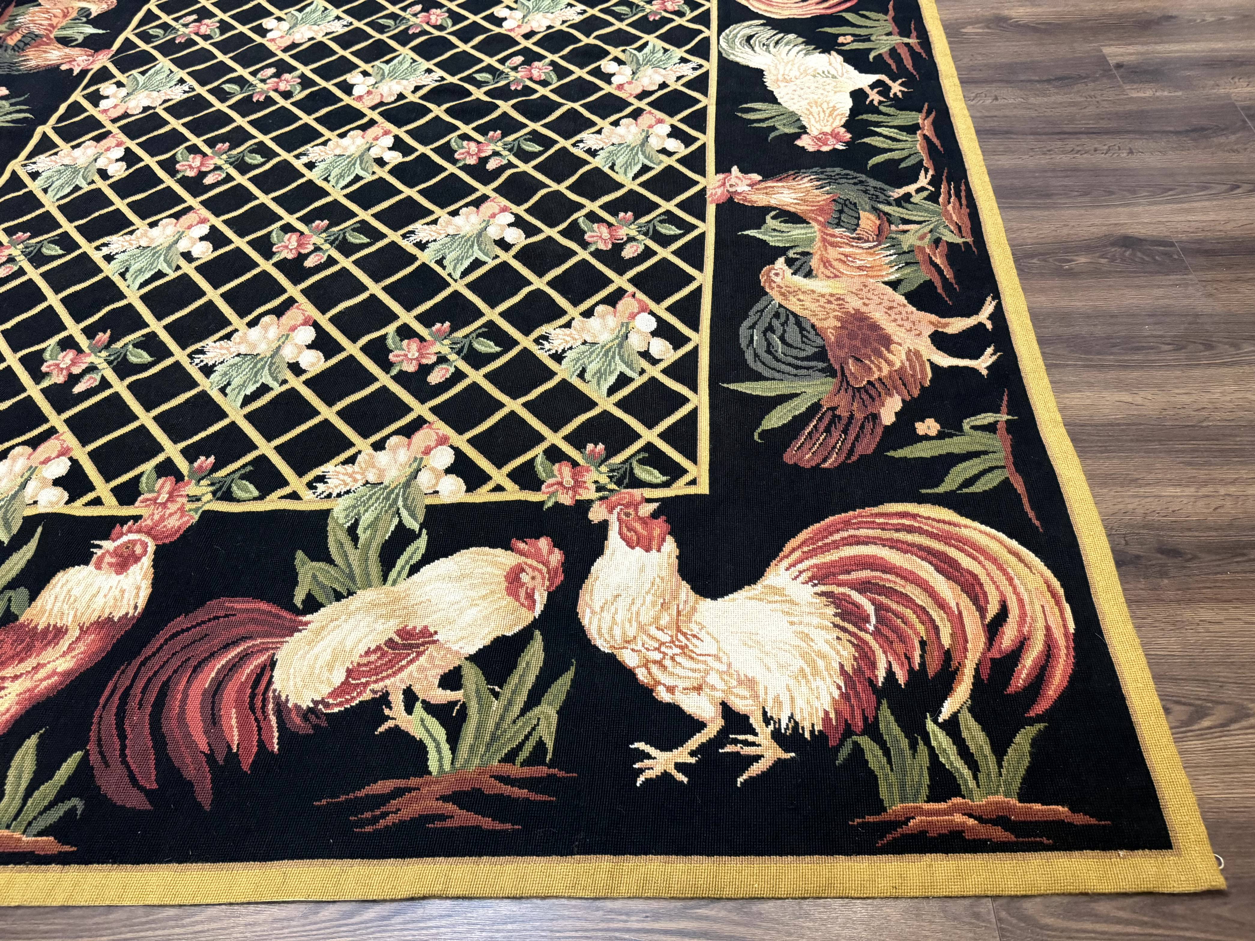 Black Needlepoint Rug 8x10, Roosters Floral Unique Needlepoint Carpet - Jewel Rugs