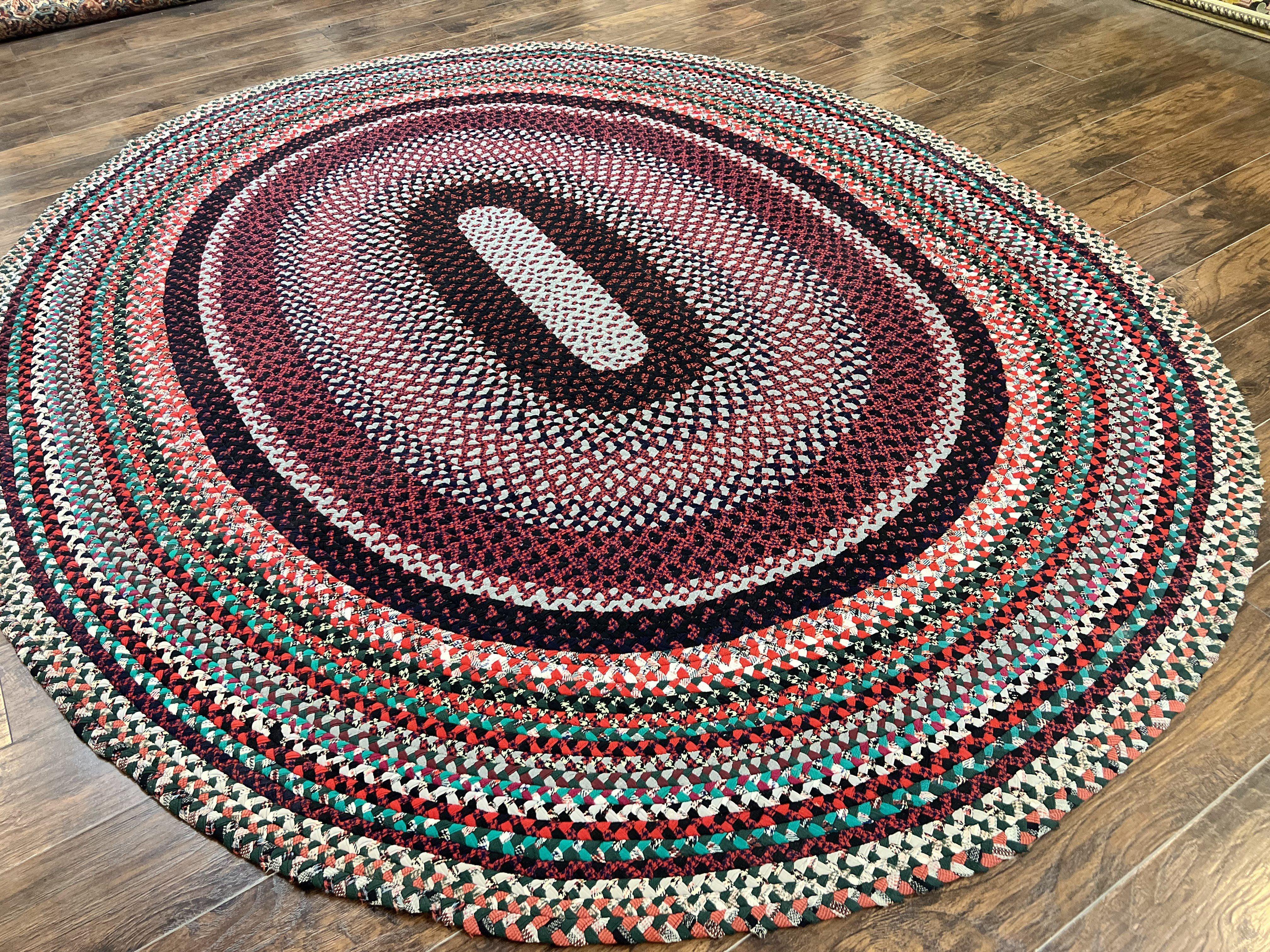 Large American Braided Rug 8x10, Multicolor Reds, Hand Braided Oval Carpet, Vintage - Jewel Rugs