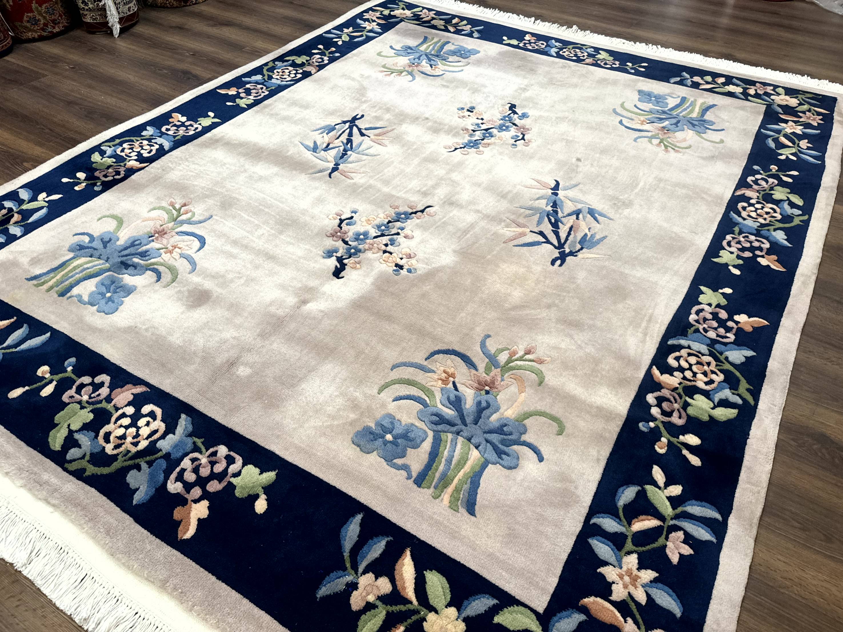Chinese Wool Rug 8x10, Light Gray and Navy Blue, Floral, Chinese 120 Line Carpet - Jewel Rugs