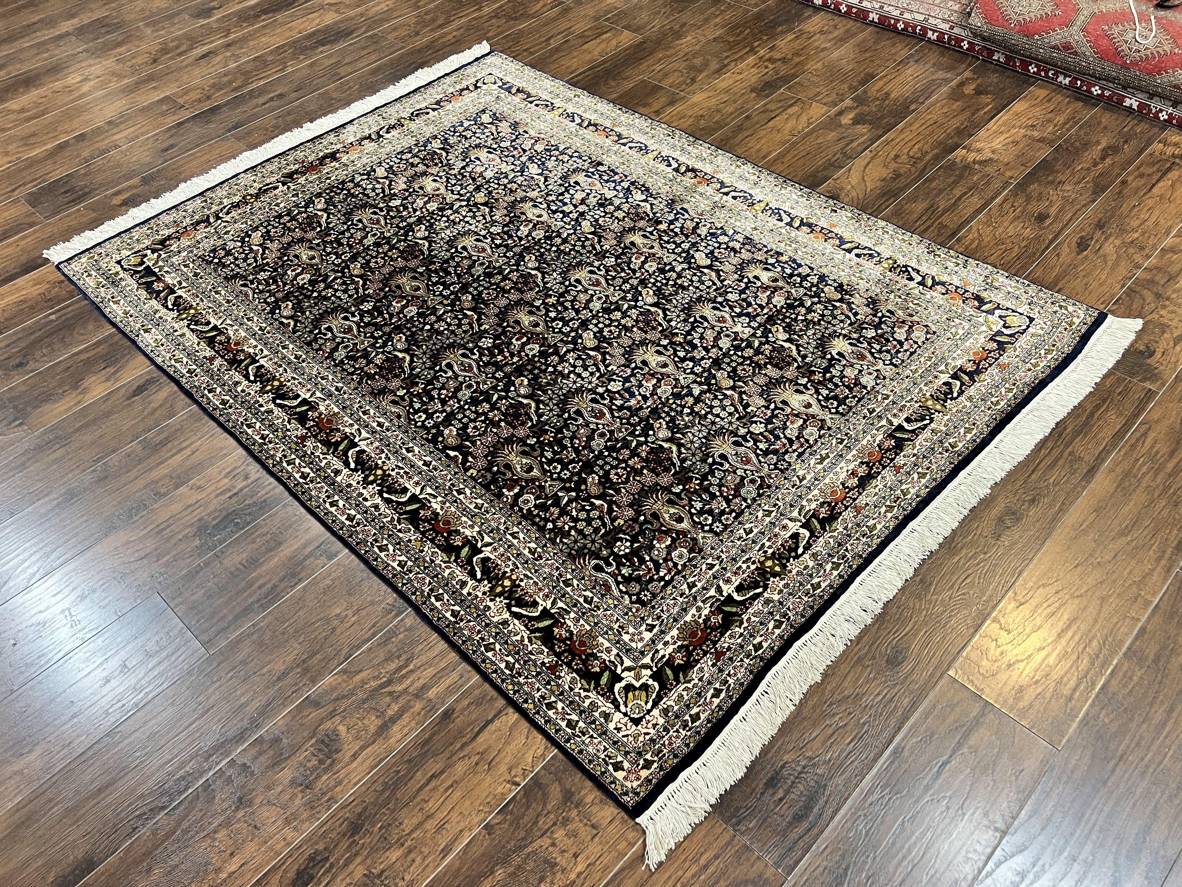 Silk Indian Kashmiri Rug 5x7, Navy Blue Indo Persian Silk Carpet 5 x 7 ft, Hand Knotted Handmade Very Fine Oriental Carpet, 450 KPSI, Birds - Jewel Rugs