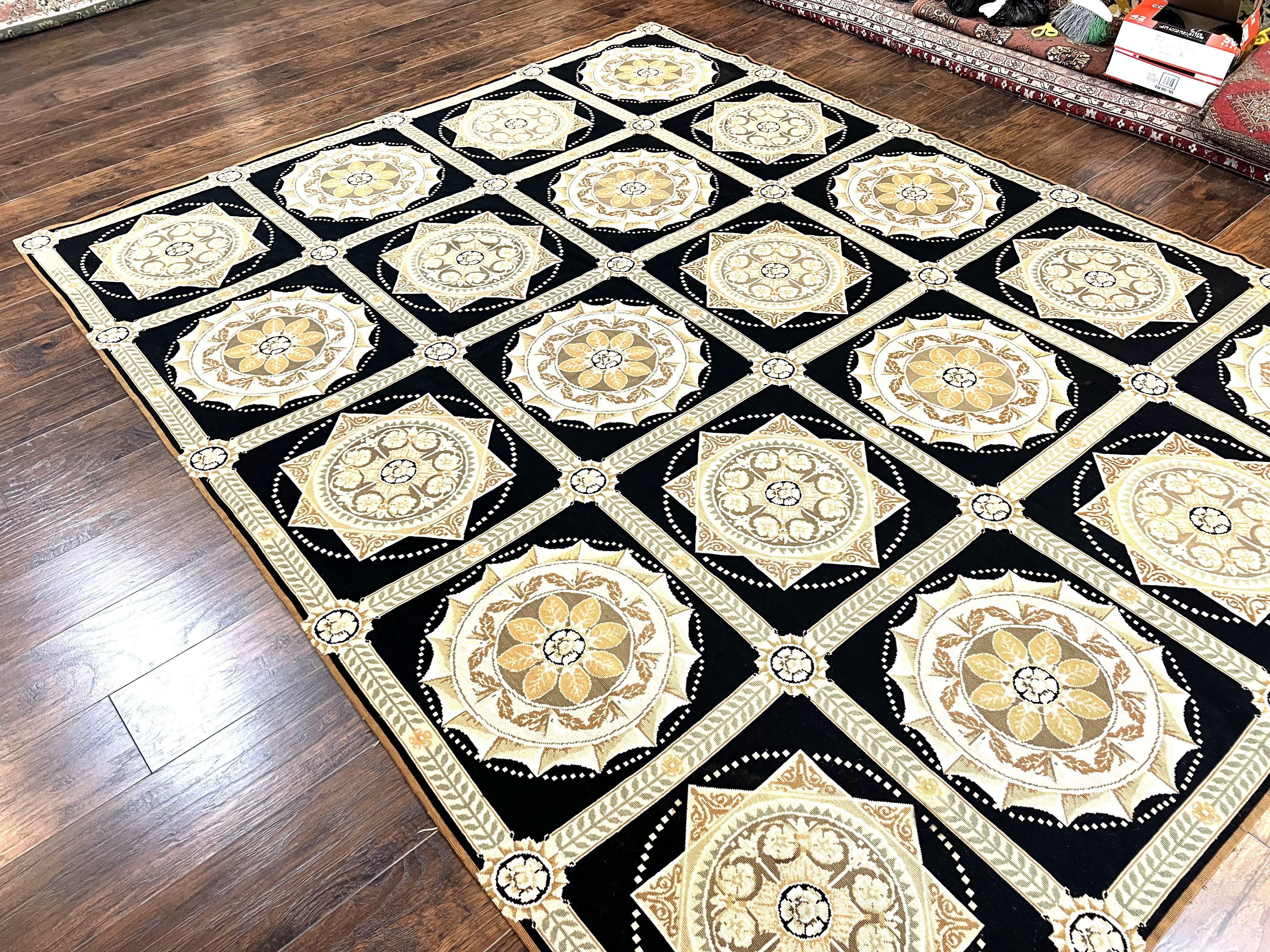 Needlepoint Rug 8x10, Black Tan Beige, Panel Design, Wool Handwoven Handmade Flatweave Needlepoint Carpet, Vintage French European Rug - Jewel Rugs