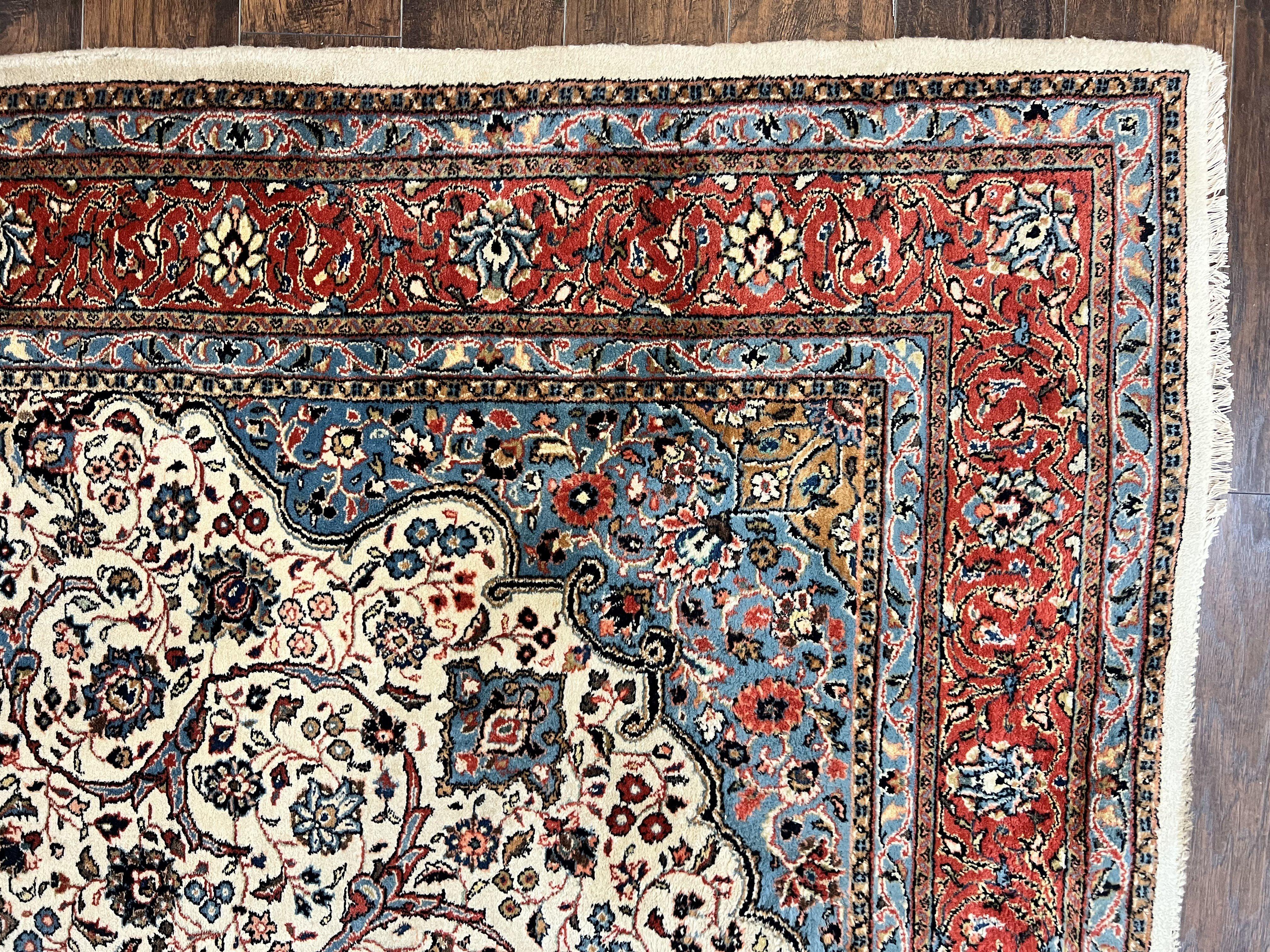 Persian Sarouk Rug 8x12, Wool Hand Knotted Antique Carpet, Floral Medallion, Cream Red, Traditional Oriental Rug - Jewel Rugs