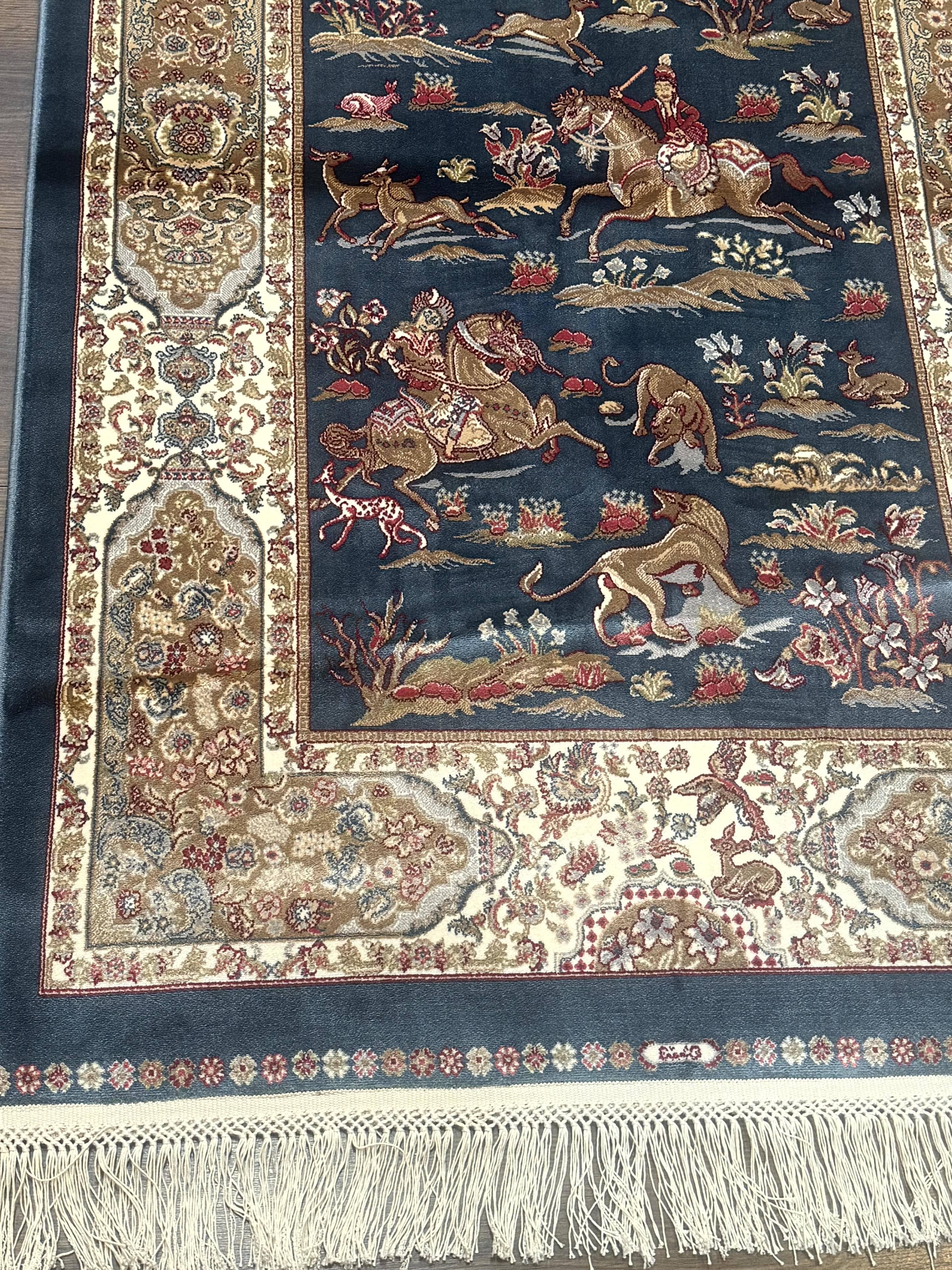 Turkish Silk Hunting Scene Rug 2.6 x 5, Dark Steel Blue & Ivory, Bamboo Silk, New - Jewel Rugs