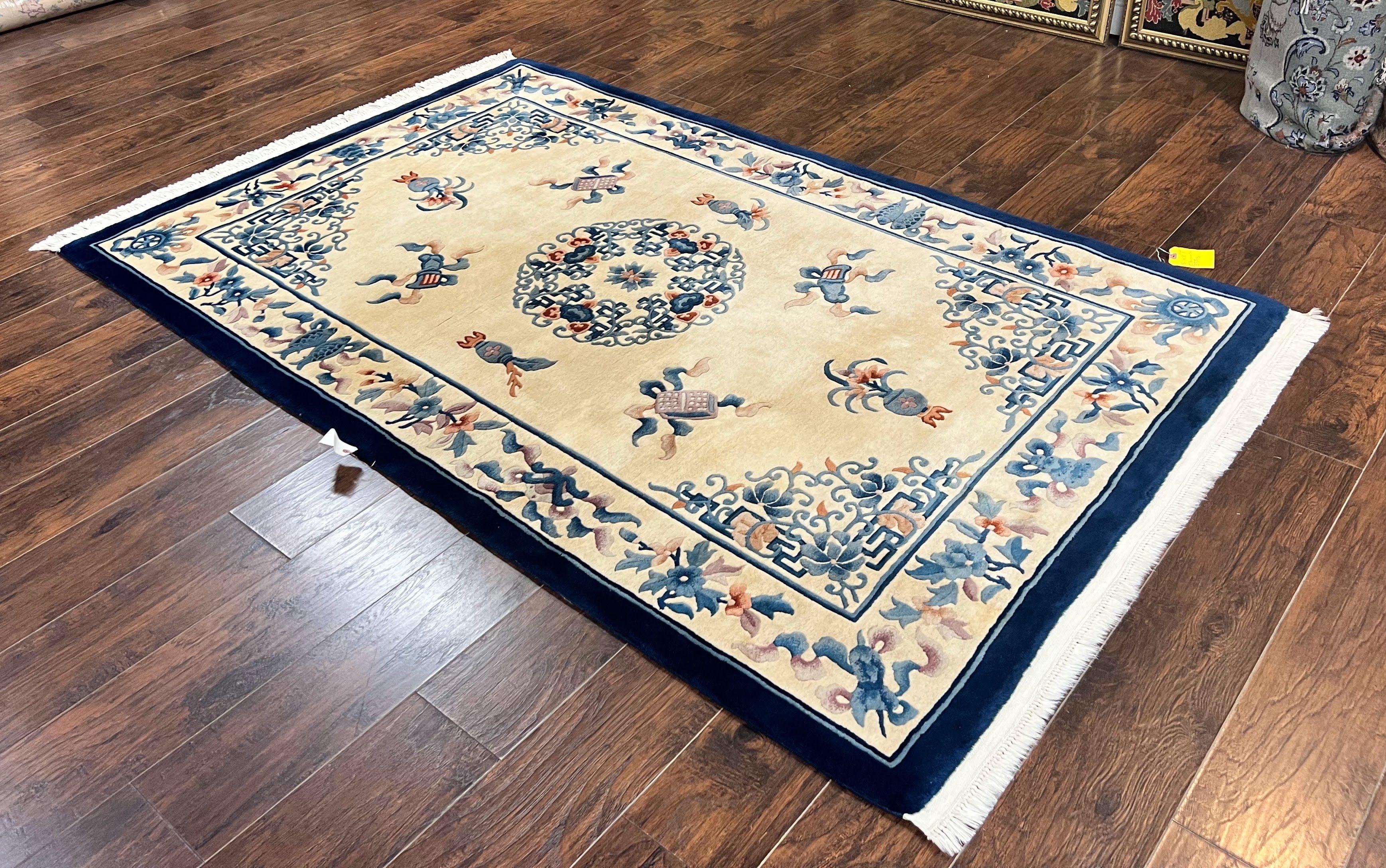 Chinese Wool Rug 5x8, Vintage Art Deco Chinese Carving Sculpture Carpet, Cream and Blue, Handmade Asian Oriental 90 Line Rug - Jewel Rugs