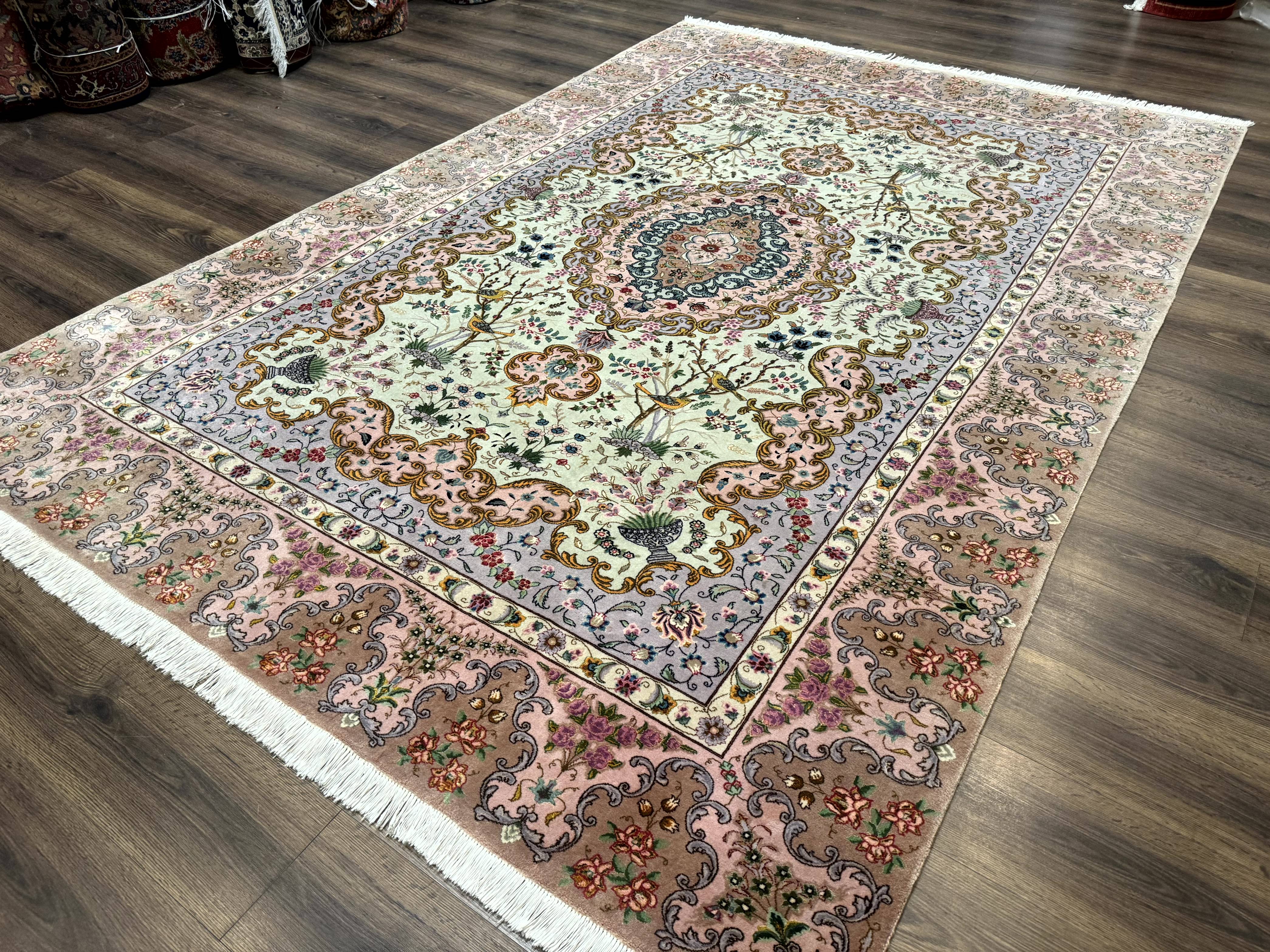 Wonderful Persian Tabriz Rug 7x10, Very Fine 330 KPSI, Light Green Light Blue Pink, Kork Wool Silk Foundation, Bird Pictorials - Jewel Rugs