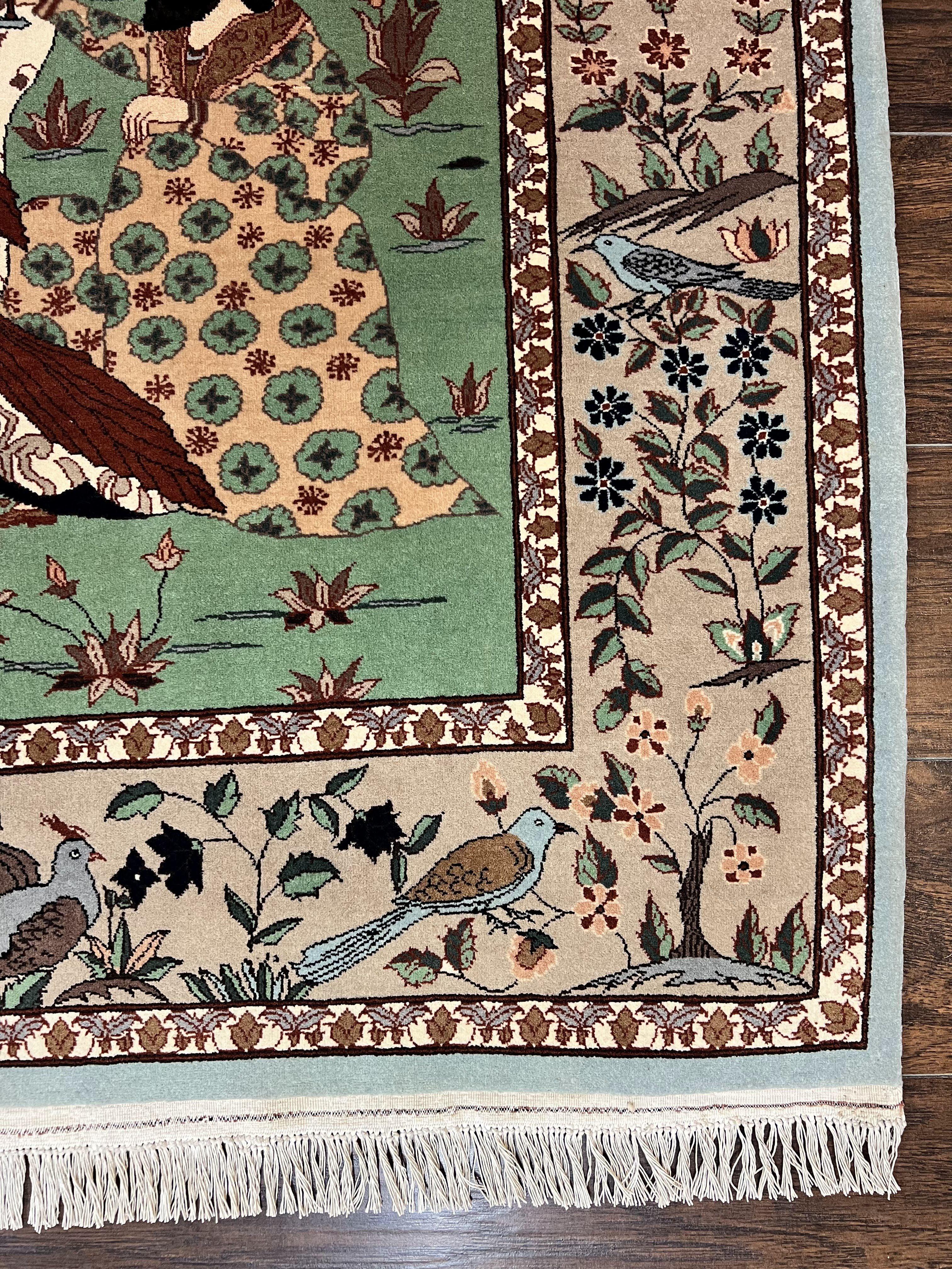 Indo Persian Pictorial Rug 4x7, Handmade Hand Knotted Wool Semi Antique Horizontal Carpet, Men & Women Drinking, Fine Rug, Bird Pictorials - Jewel Rugs