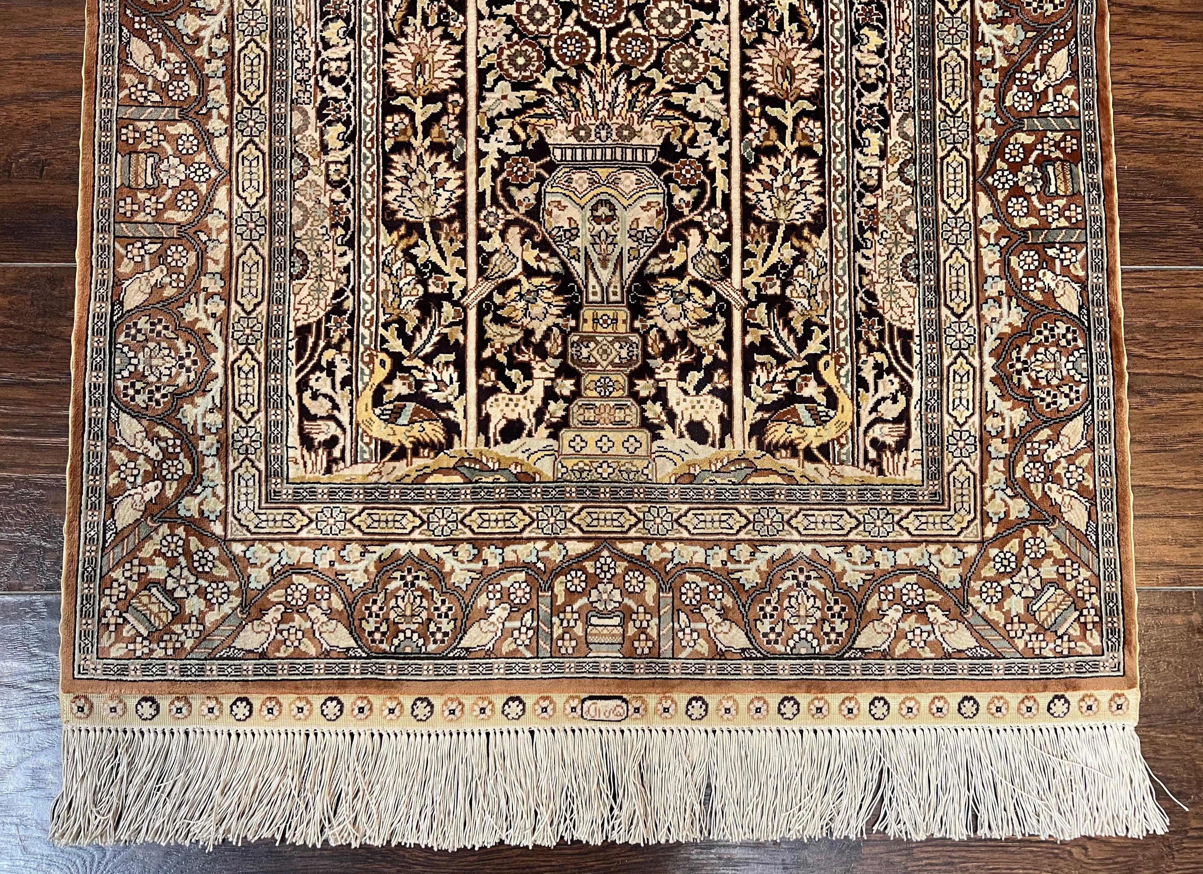 Turkish Silk Hereke Rug 2x3, Floral Vase Tree of Life Birds, Silk Pile on Silk Foundation, Vintage Oriental Carpet, Very Fine, Signature - Jewel Rugs