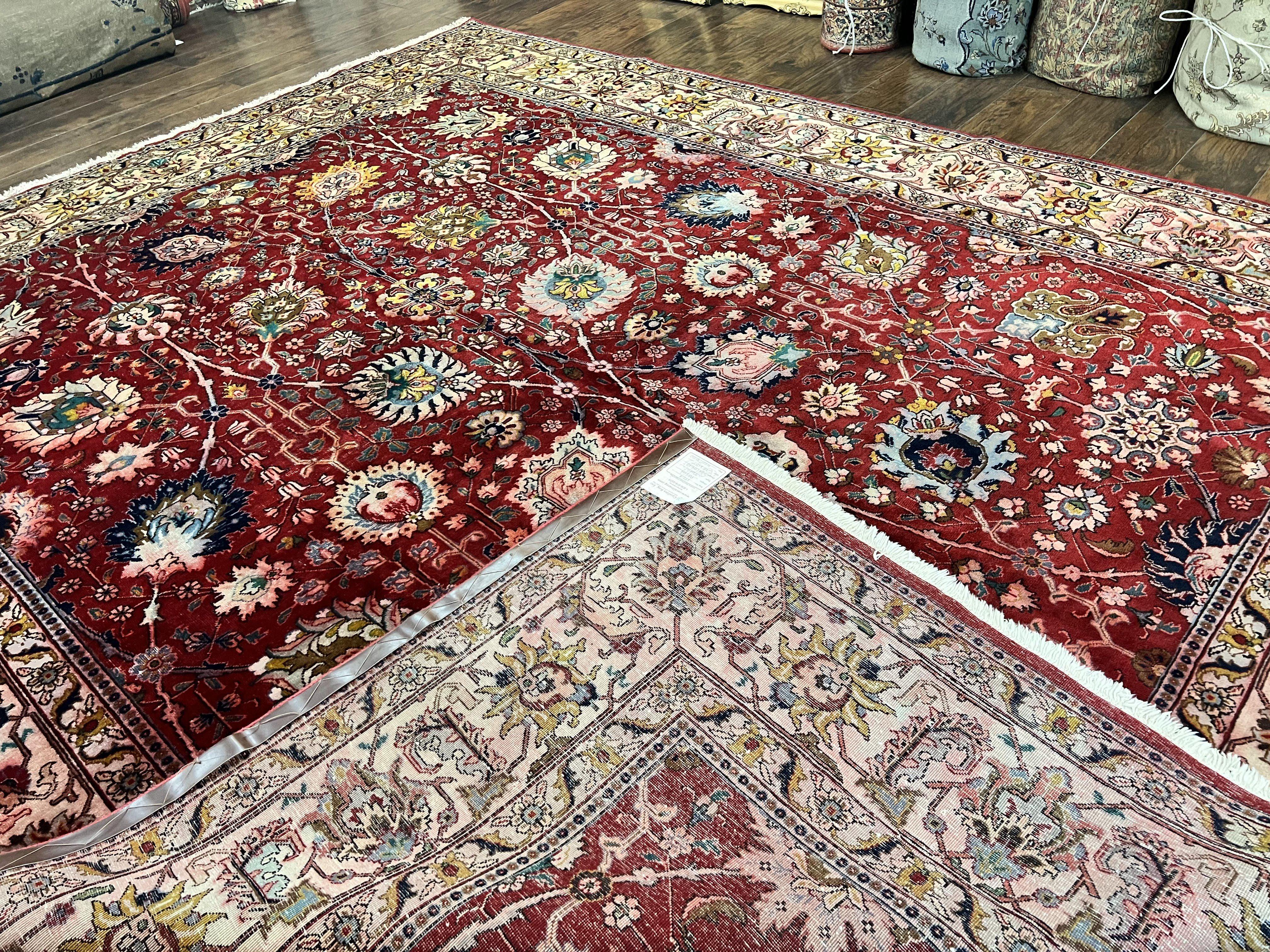 Persian Tabriz Rug 10x12, Floral Allover, Handmade Vintage Wool Carpet, Red and Cream - Jewel Rugs