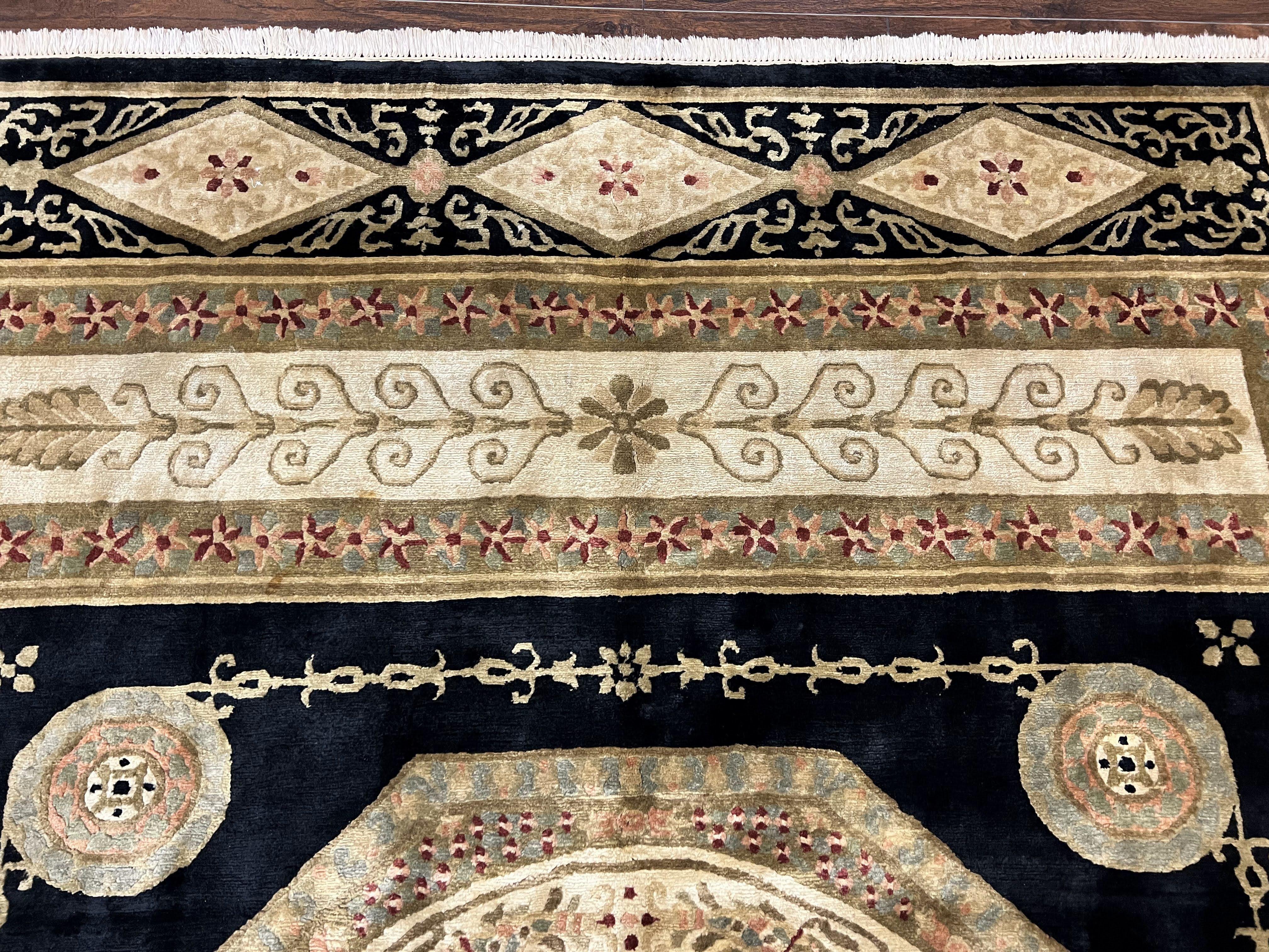 Tibetan Rug 8x10, Nepali Area Rug, Soft New Zealand Wool Carpet 8 x 10 ft, Black Tan Beige, Vintage Handmade Rug, French Aubusson Pattern - Jewel Rugs