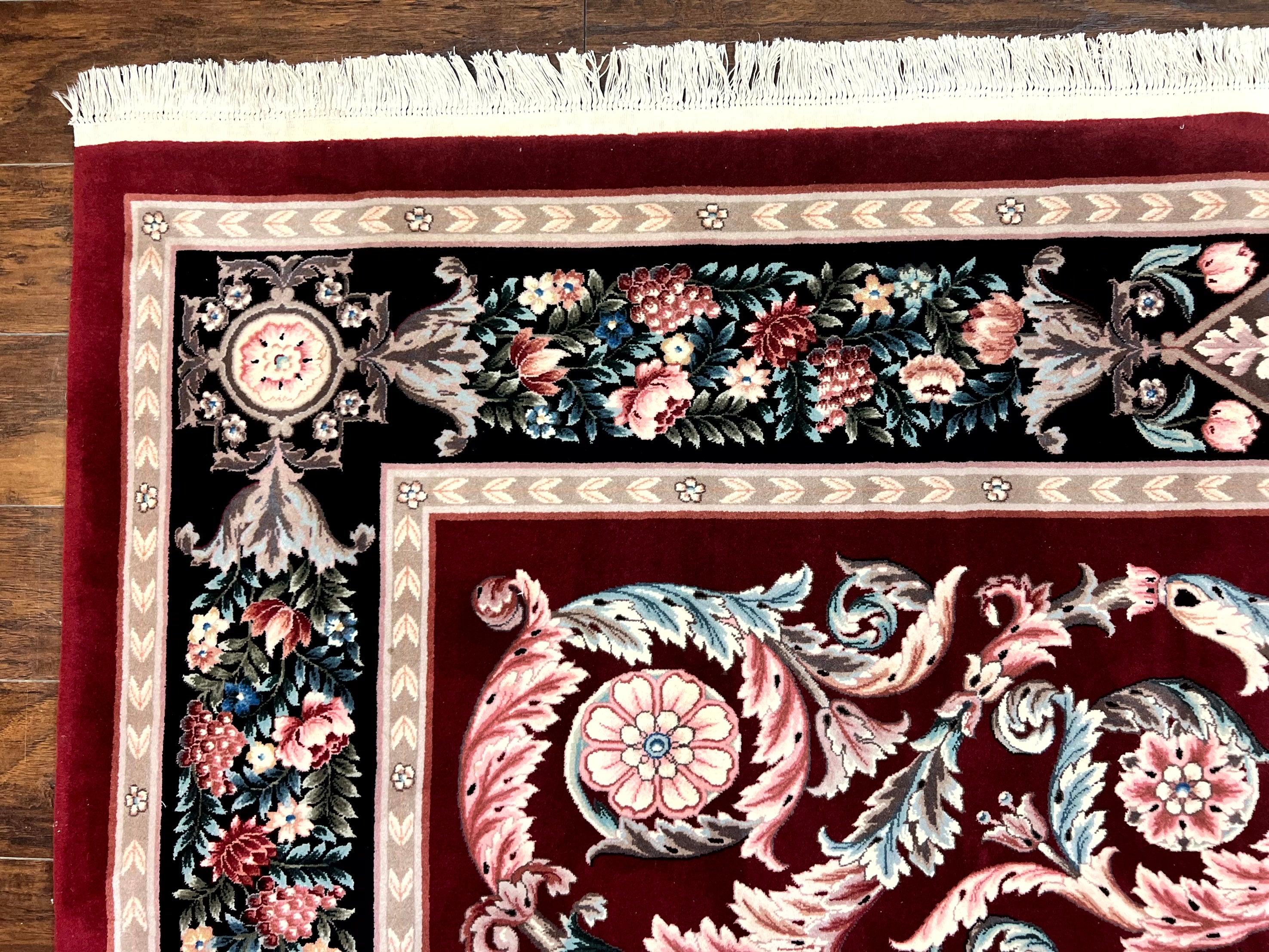 Chinese Aubusson Rug 9x12, Burgundy, Handmade Vintage Wool Carpet, Fine 210 KPSI, Elegant European Design - Jewel Rugs