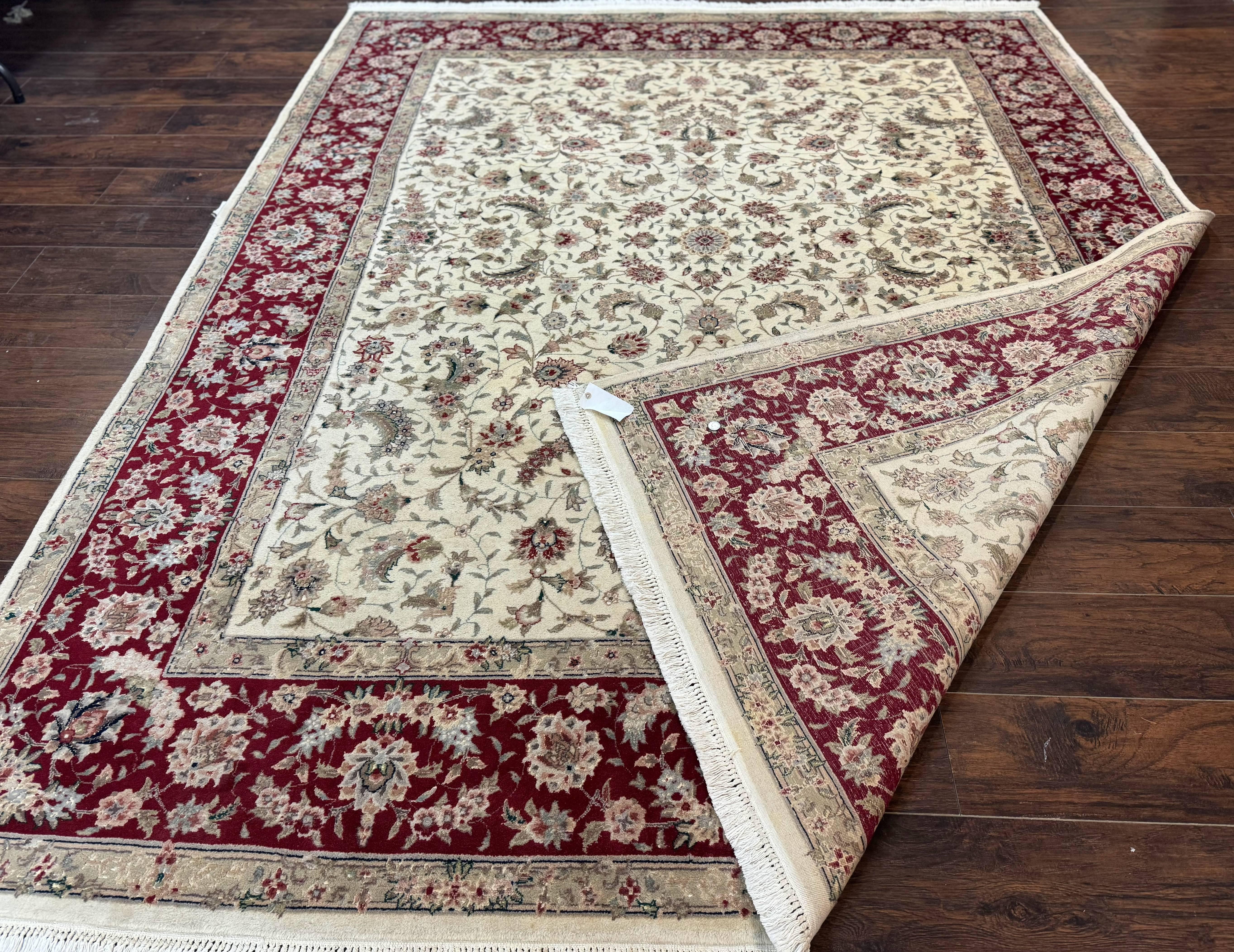 Sino Persian Rug 8x10, Beige and Burgundy, Floral Allover, Wool & Silk, Vintage - Jewel Rugs