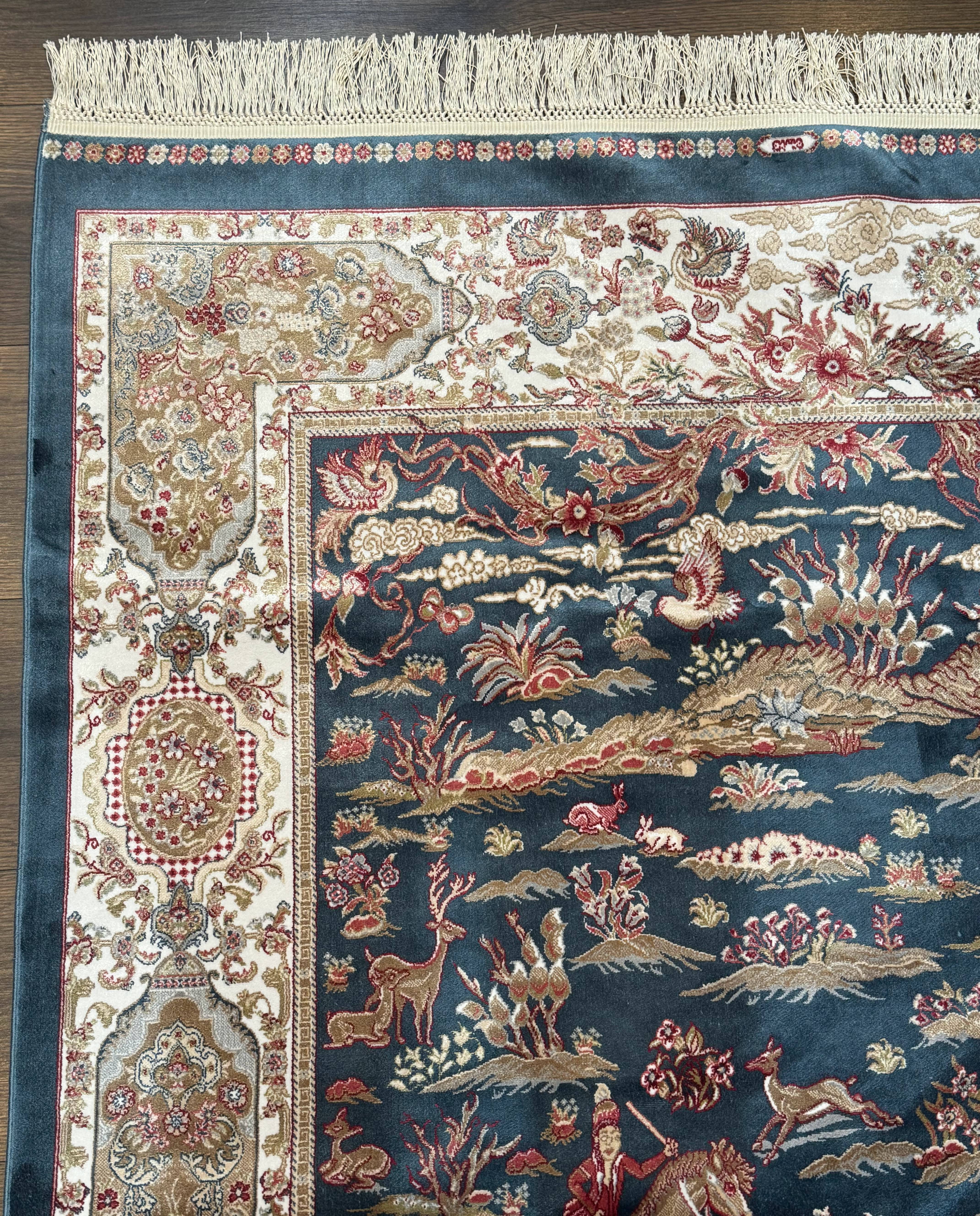 Turkish Silk Hunting Design Rug 4x6, Dark Steel Blue & Ivory, Bamboo Silk, New - Jewel Rugs